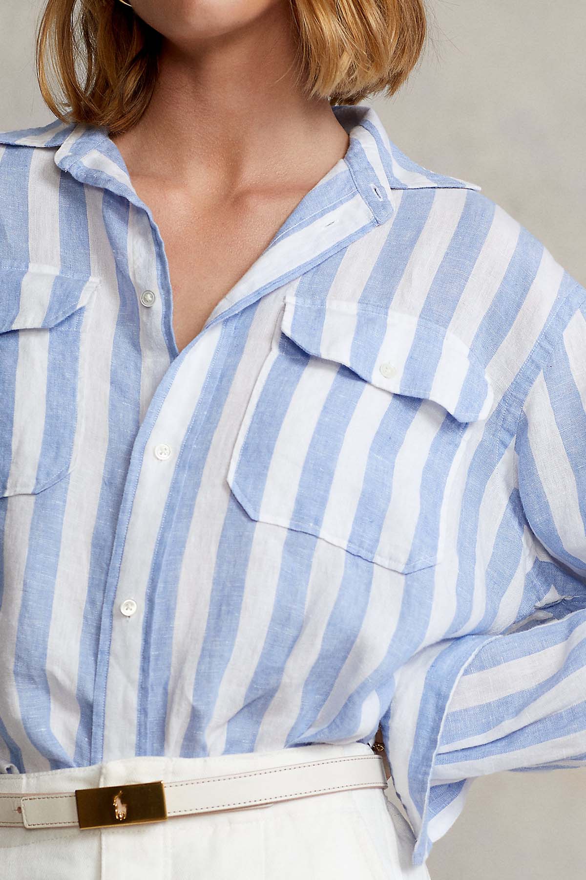 Polo Ralph Lauren Geniş Kesim Çizgili Büyük Cepli Keten Gömlek-Libas Trendy Fashion Store