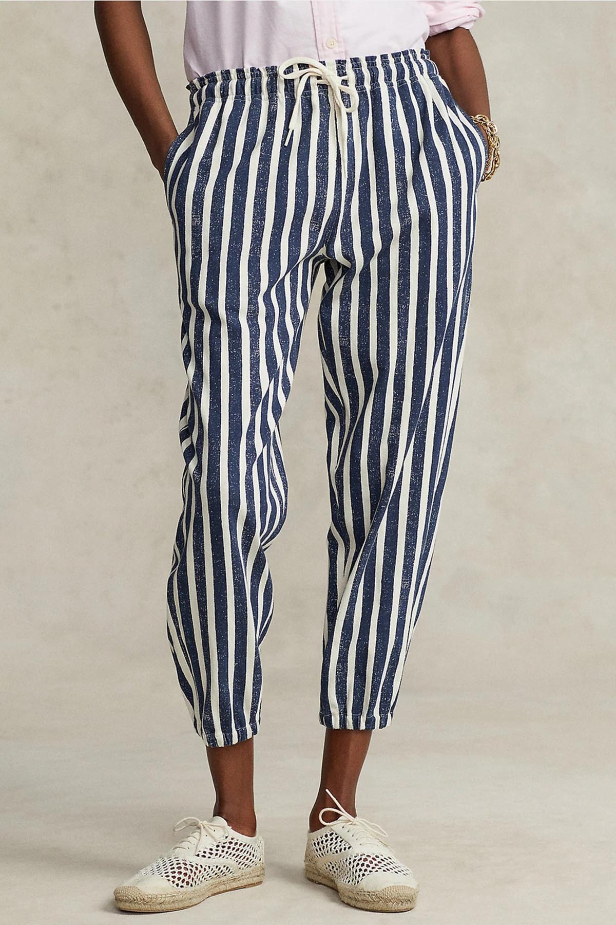 Polo Ralph Lauren Beli Lastikli Eskitme Efektli Marin Çizgili Pantolon-Libas Trendy Fashion Store