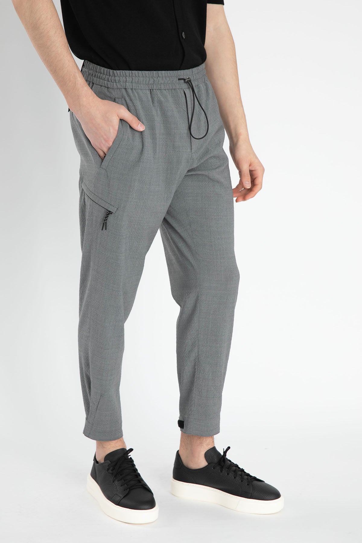 Pantaloni Torino Beli Lastikli Baggy Fit Gofre Kumaş Yün Pantolon-Libas Trendy Fashion Store