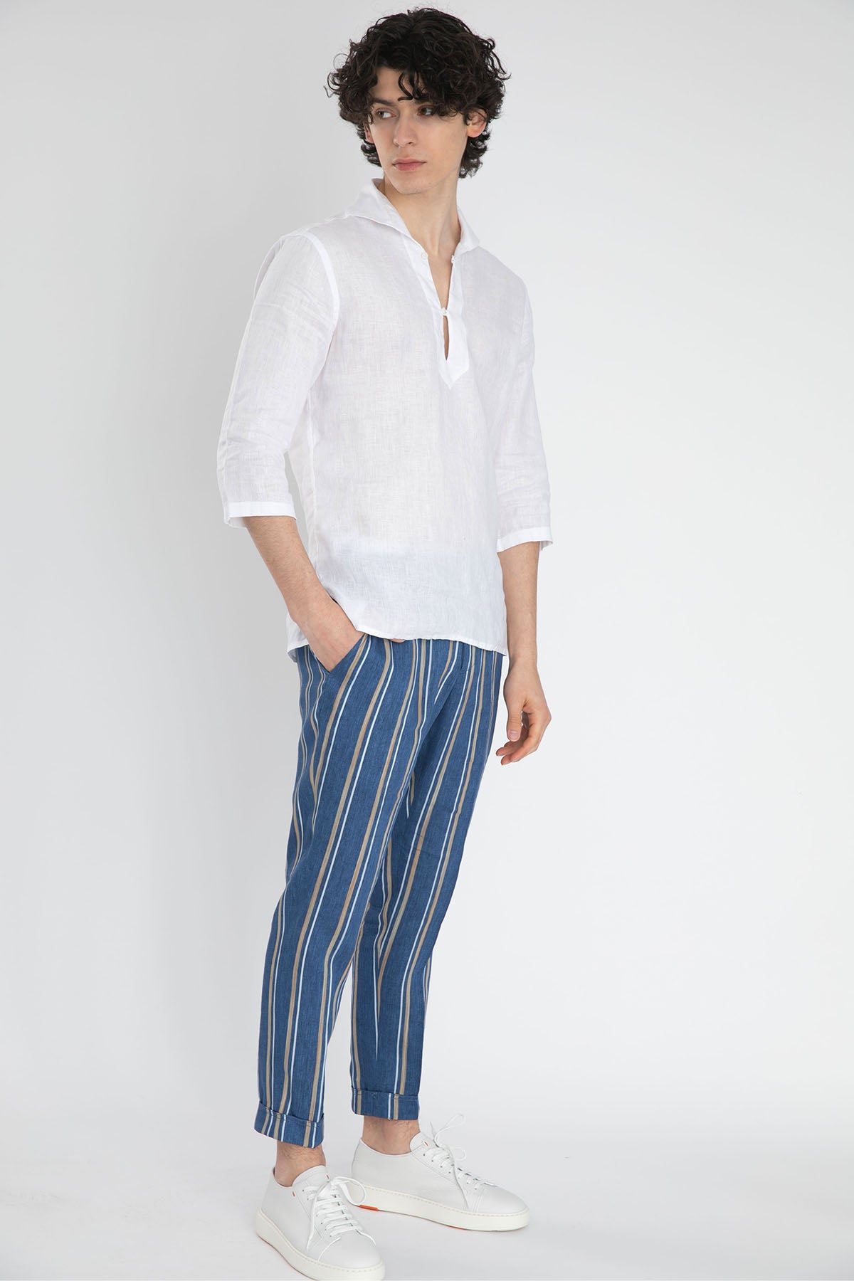 Pantaloni Torino Çizgili Beli Lastikli Keten Pantolon-Libas Trendy Fashion Store