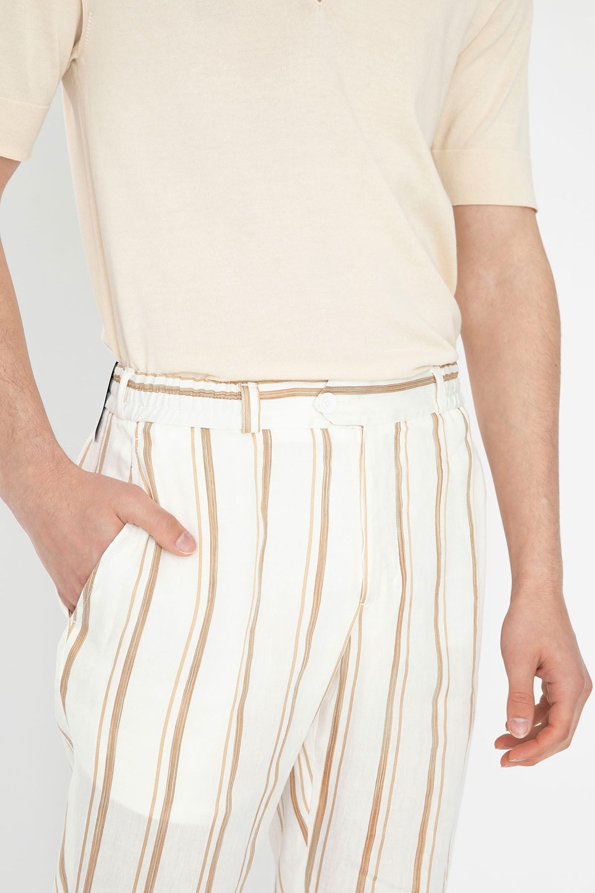 Pantaloni Torino Çizgili Beli Lastikli Keten Pantolon-Libas Trendy Fashion Store