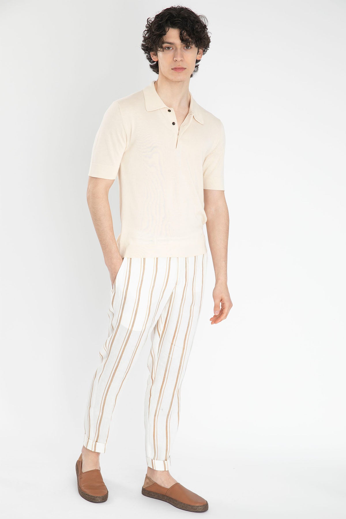 Pantaloni Torino Çizgili Beli Lastikli Keten Pantolon-Libas Trendy Fashion Store