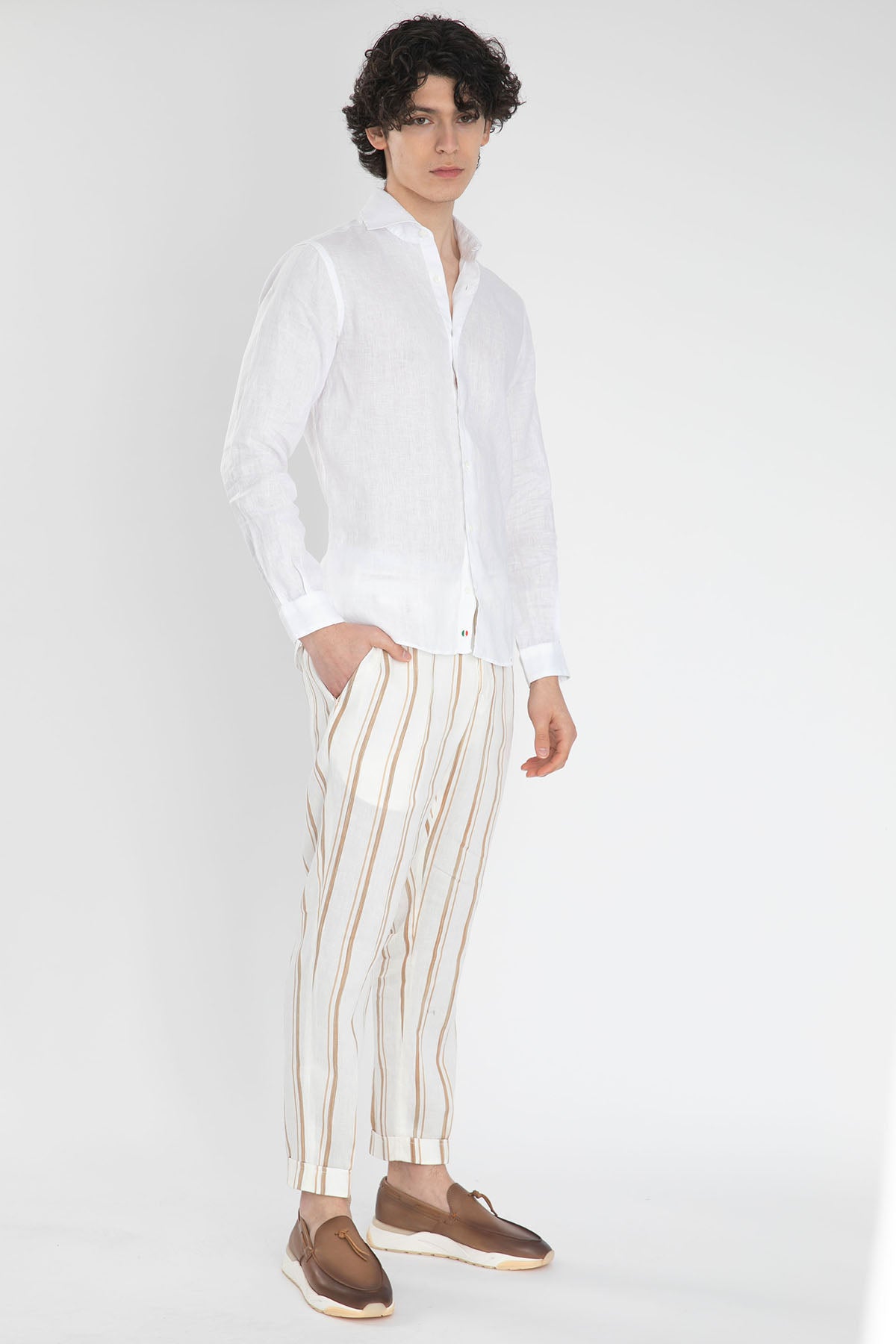 Pantaloni Torino Çizgili Beli Lastikli Keten Pantolon-Libas Trendy Fashion Store