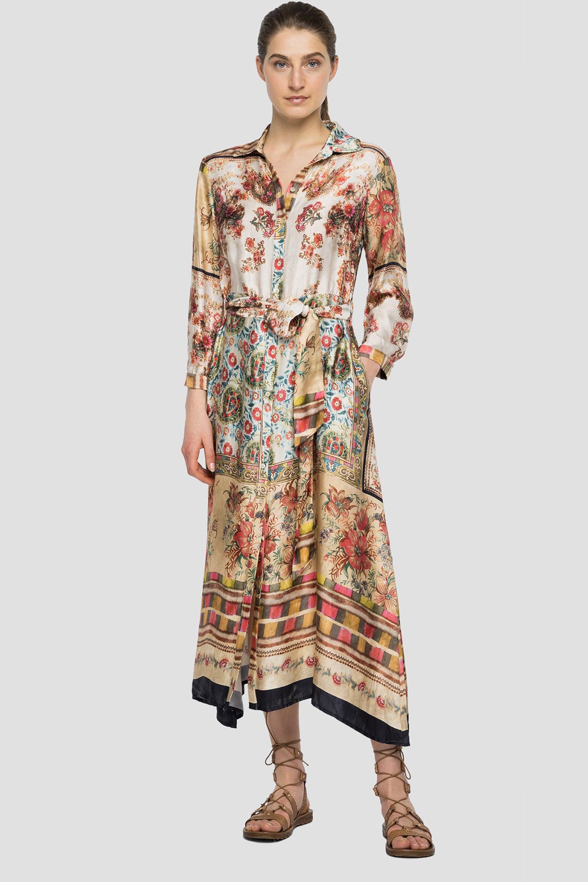 Replay Desenli Belden Kuşaklı Maxi Elbise-Libas Trendy Fashion Store