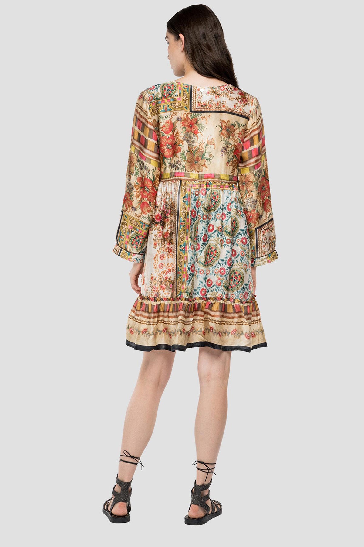 Replay Dizüstü Belden Büzgülü V Yaka Desenli Elbise-Libas Trendy Fashion Store