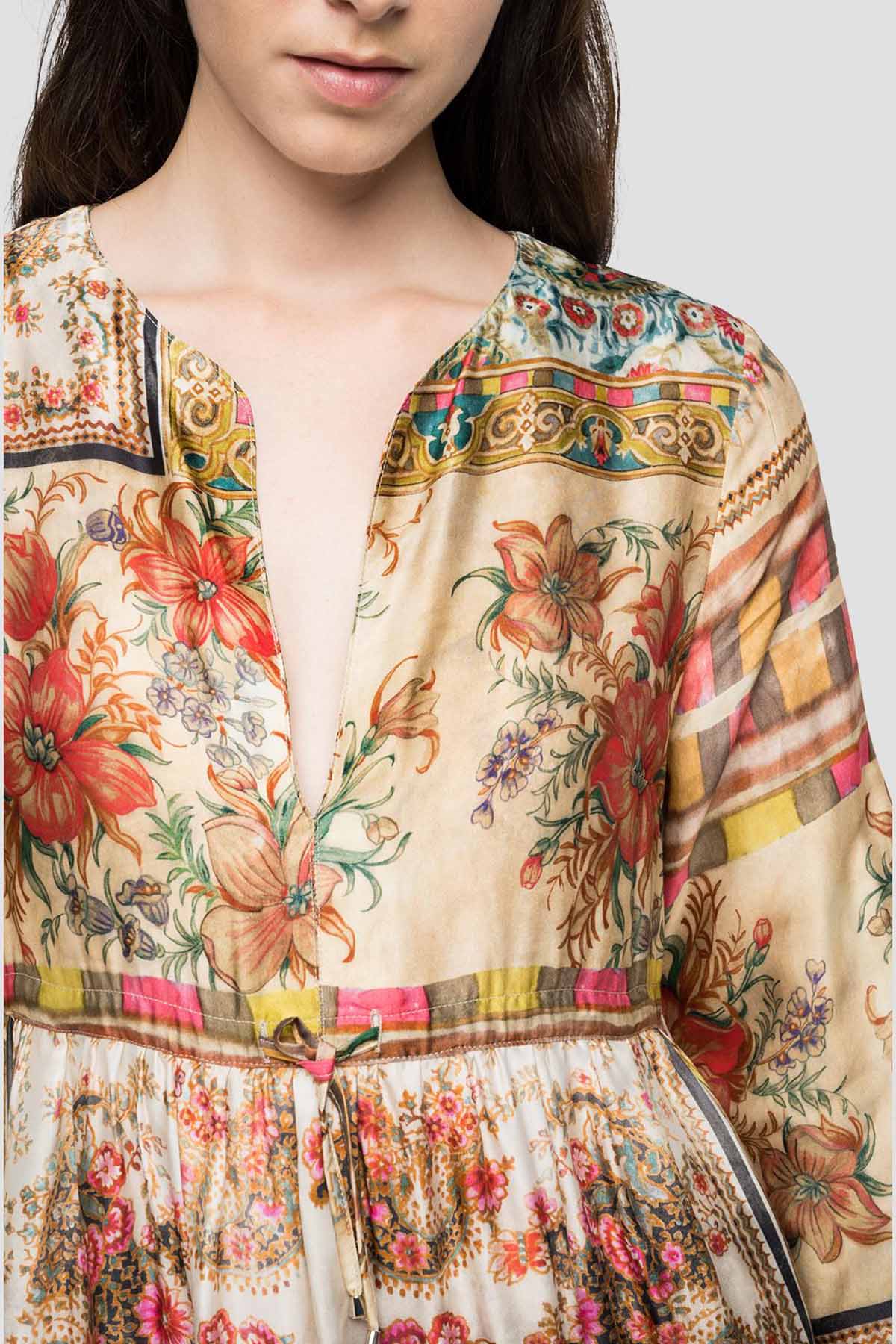 Replay Dizüstü Belden Büzgülü V Yaka Desenli Elbise-Libas Trendy Fashion Store