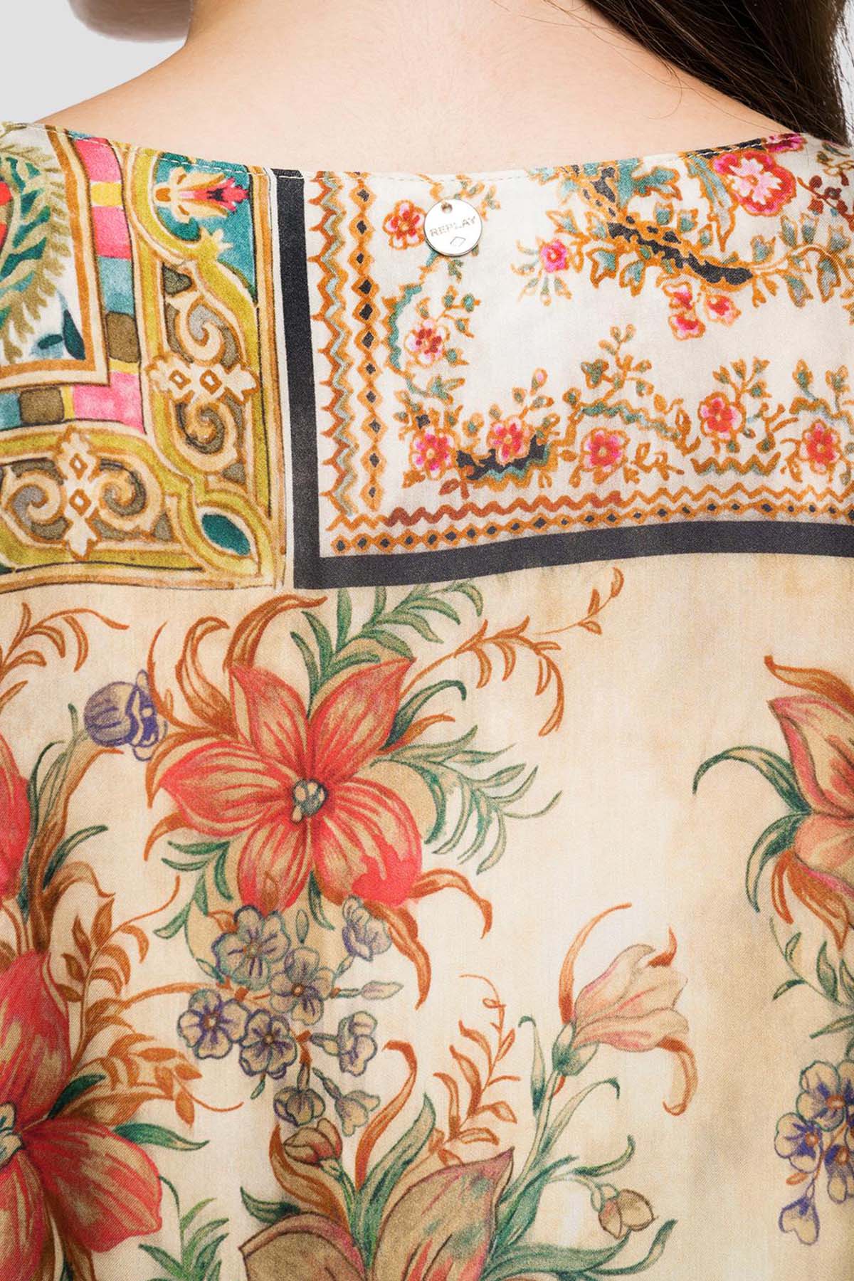 Replay Dizüstü Belden Büzgülü V Yaka Desenli Elbise-Libas Trendy Fashion Store