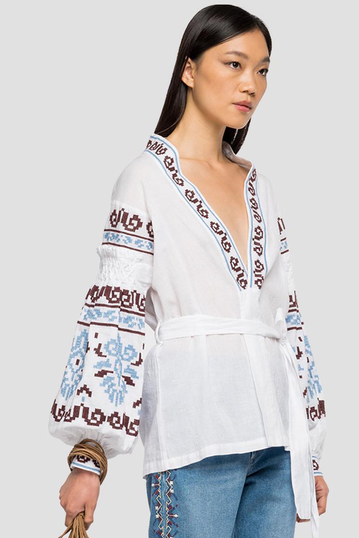 Replay Nakış Desenli Belden Kuşaklı Balon Kol Gömlek-Libas Trendy Fashion Store