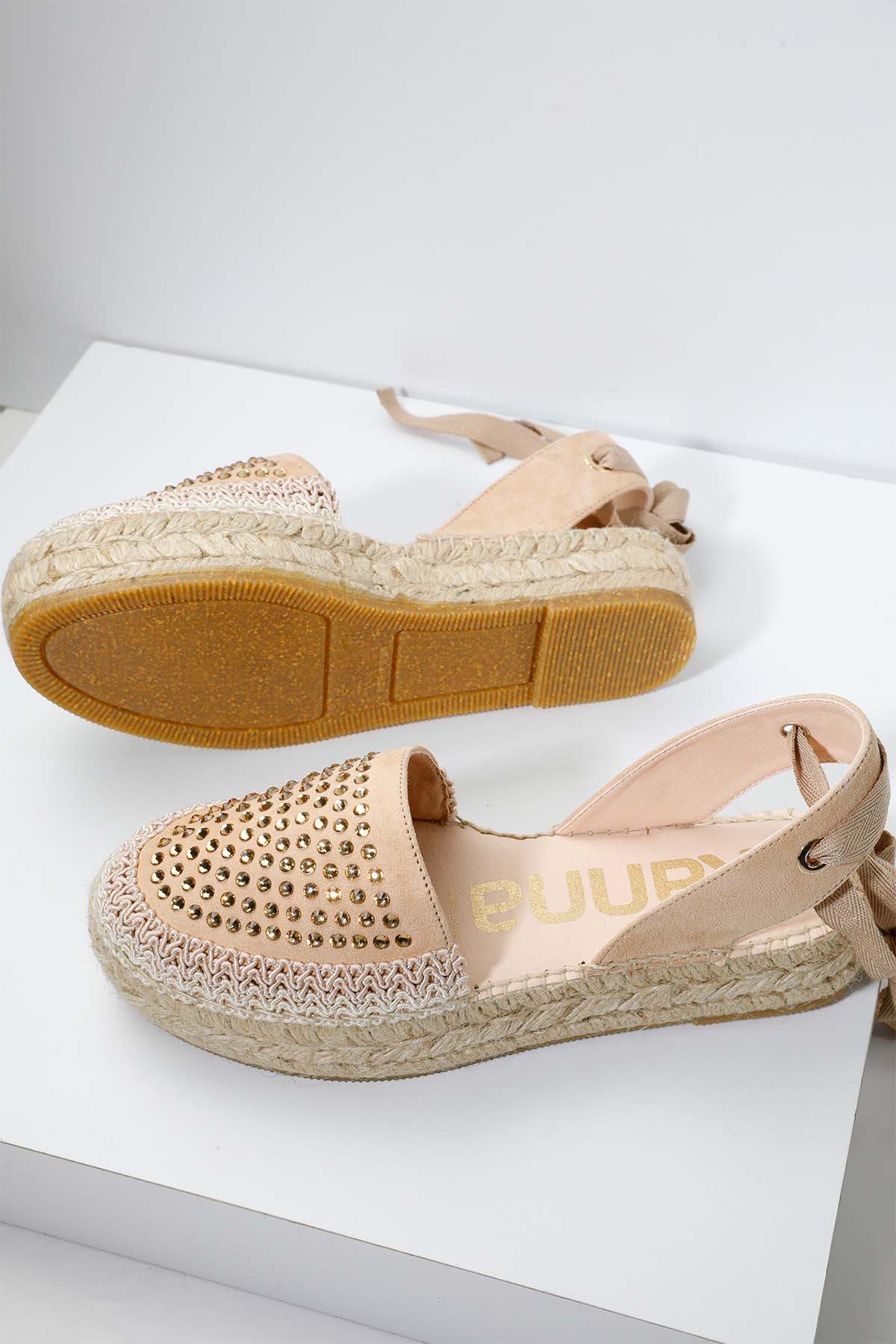 Kanna Bilekten Bağlamalı Taş Detaylı Süet Espadril-Libas Trendy Fashion Store