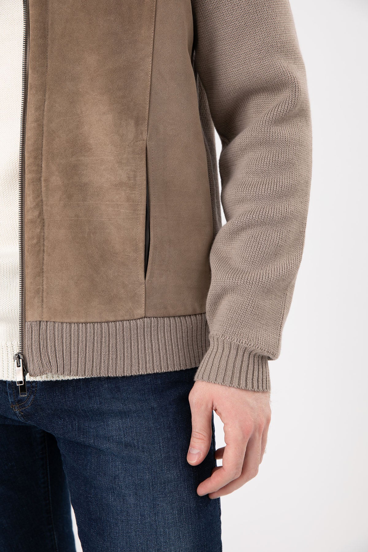 Manifattura Örgü Triko Detaylı Süet Deri Ceket-Libas Trendy Fashion Store