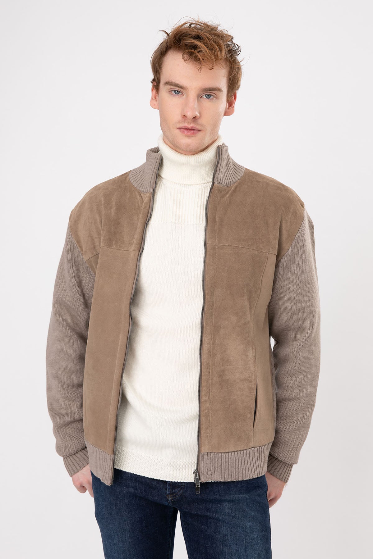 Manifattura Örgü Triko Detaylı Süet Deri Ceket-Libas Trendy Fashion Store