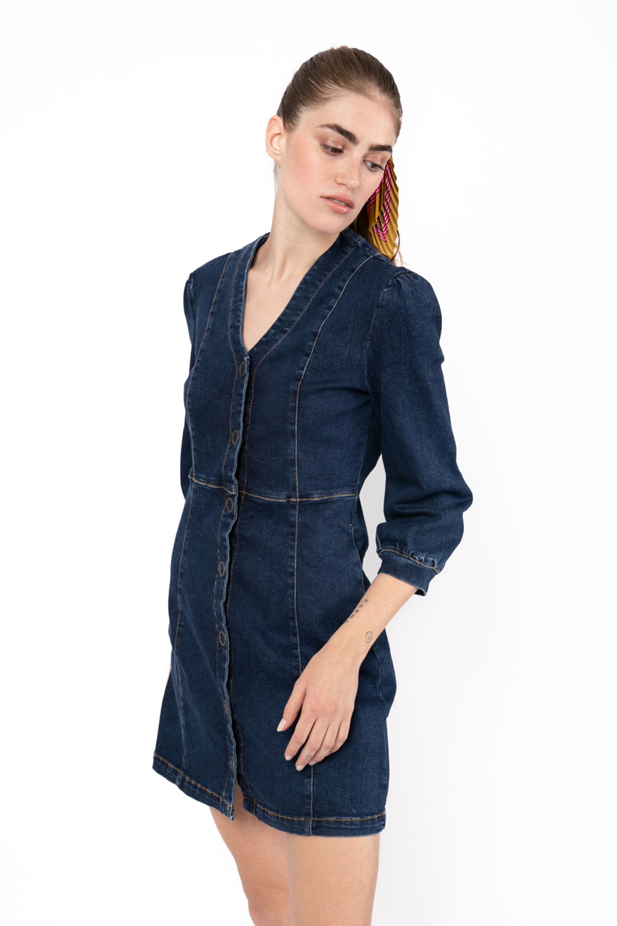 Liu Jo V Yaka Streç Denim Elbise-Libas Trendy Fashion Store