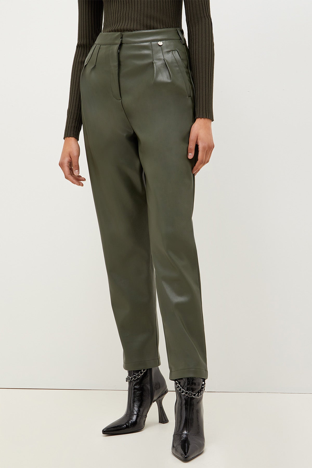 Liu Jo Çift Pileli Yüksek Bel Deri Pantolon-Libas Trendy Fashion Store