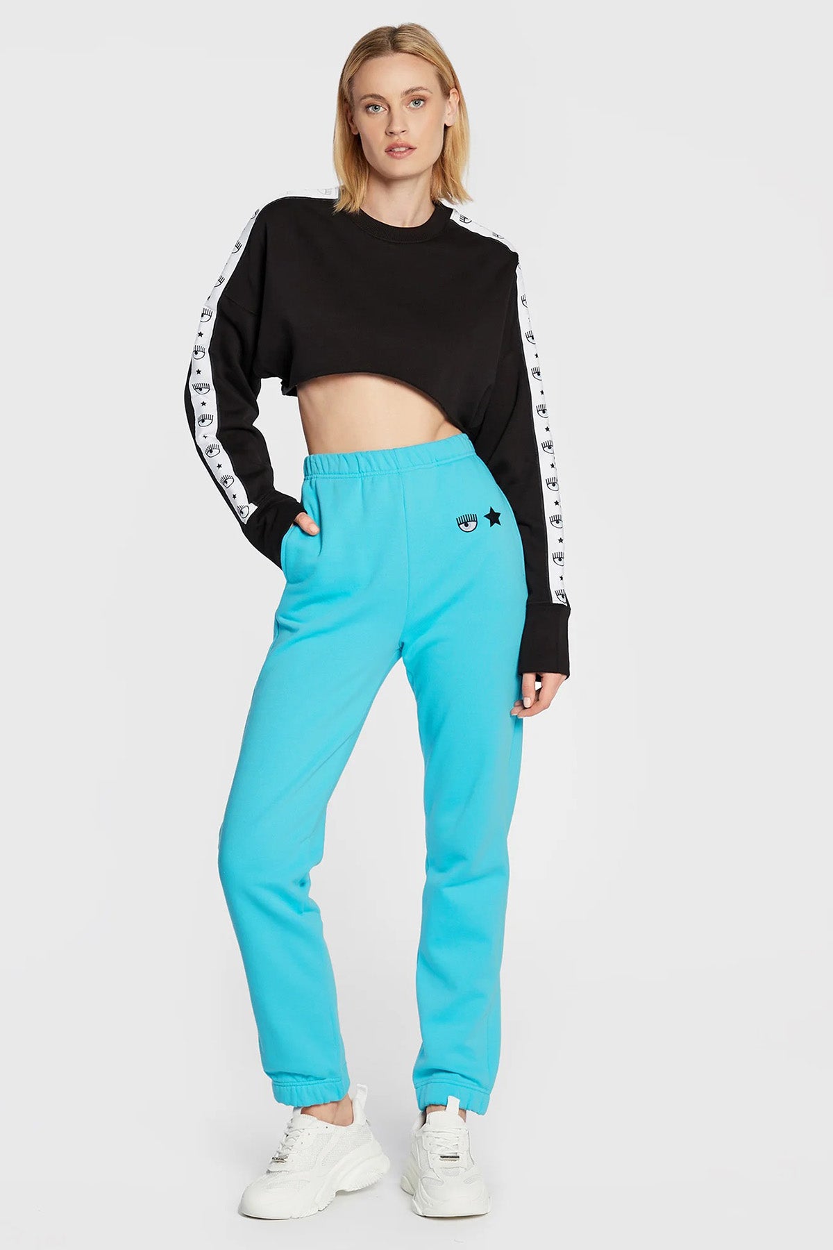 Chiara Ferragni Göz Logo Şeritli Crop Sweatshirt-Libas Trendy Fashion Store