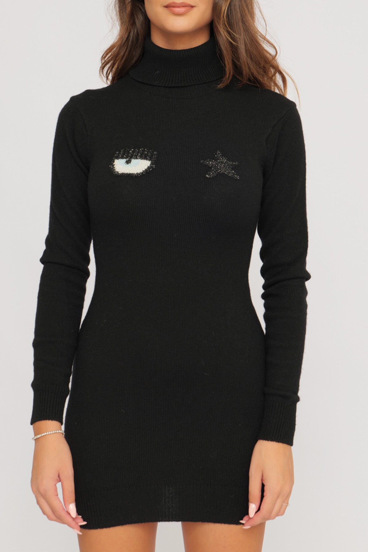 Chiara Ferragni Balıkçı Yaka Logolu Kaşmirli Mini Yün Elbise-Libas Trendy Fashion Store