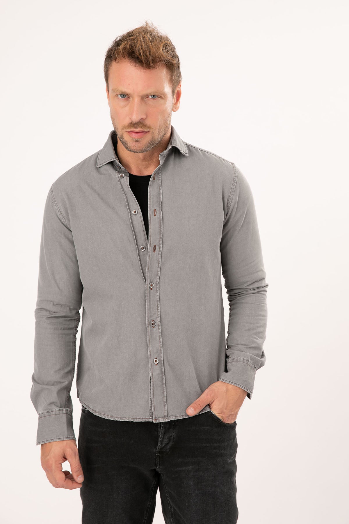 Fradi Klasik Yaka Yıkamalı Gömlek-Libas Trendy Fashion Store