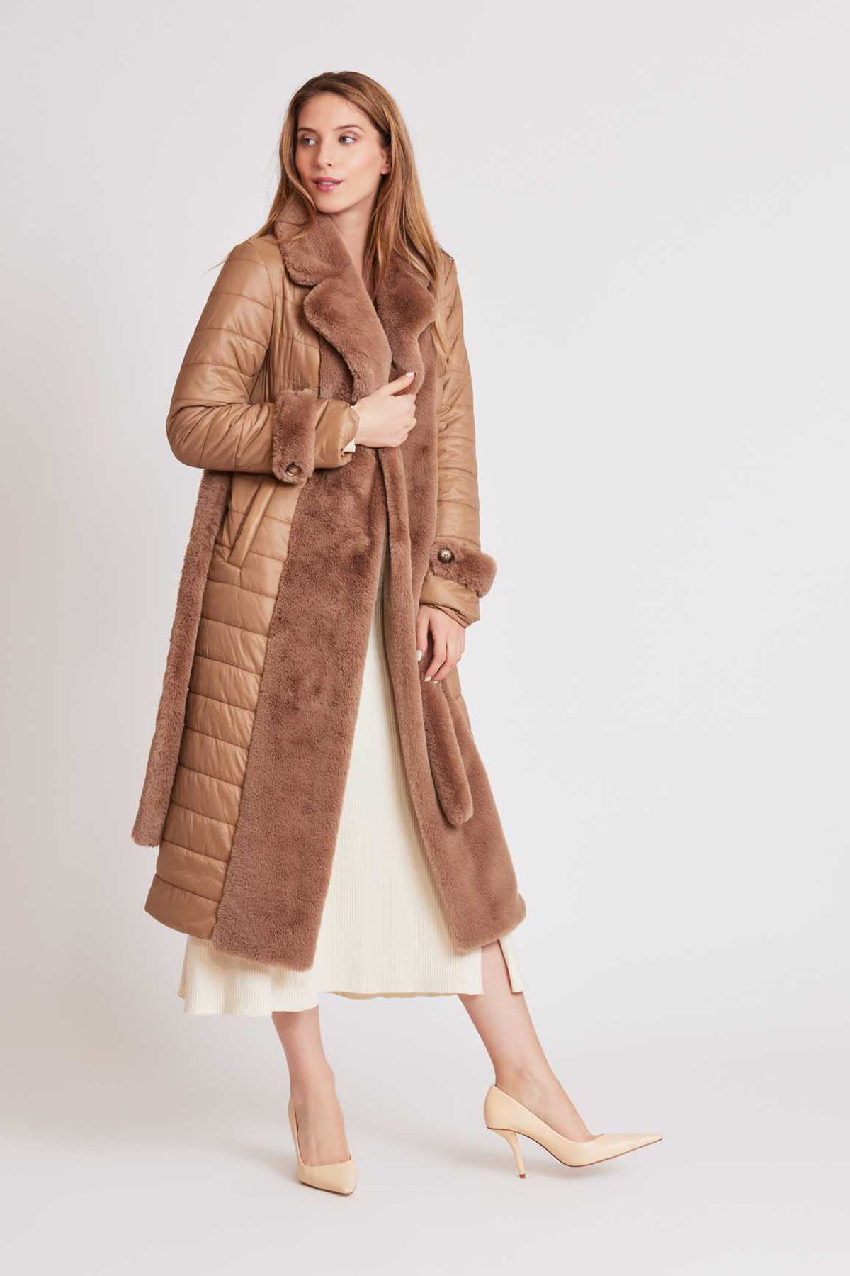 Rene Derhy Kuşaklı Puffer Kürk Kombinasyonlu Manto-Libas Trendy Fashion Store