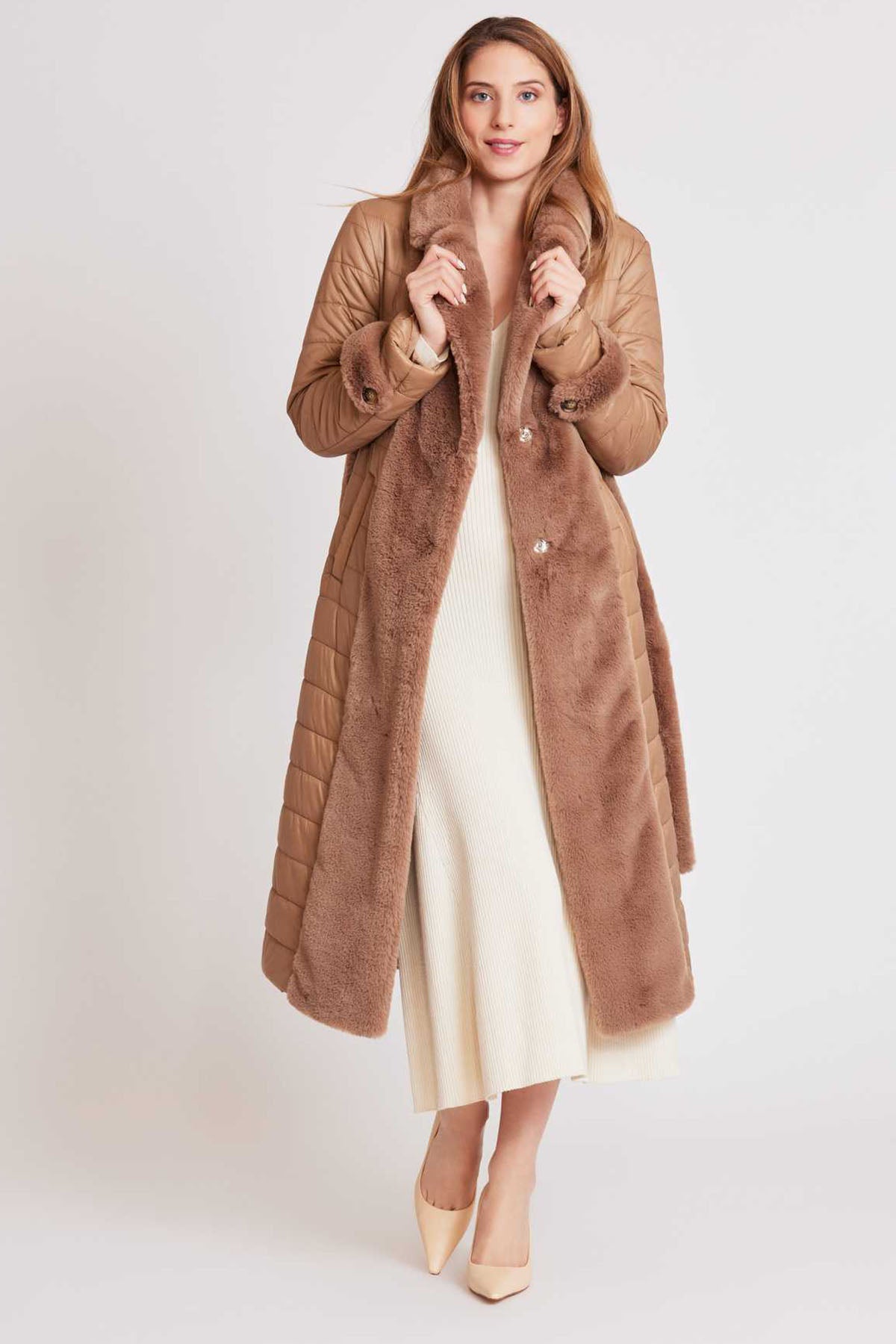 Rene Derhy Kuşaklı Puffer Kürk Kombinasyonlu Manto-Libas Trendy Fashion Store