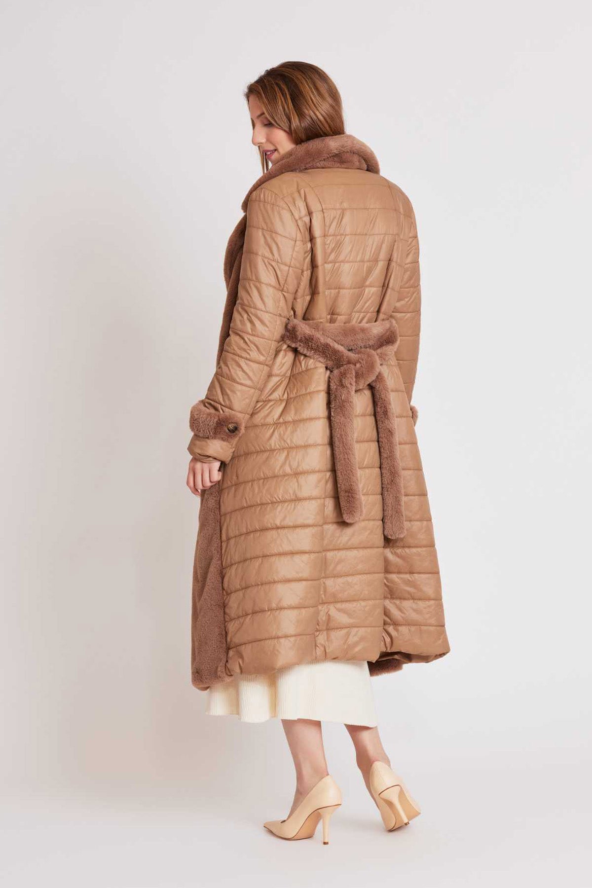 Rene Derhy Kuşaklı Puffer Kürk Kombinasyonlu Manto-Libas Trendy Fashion Store