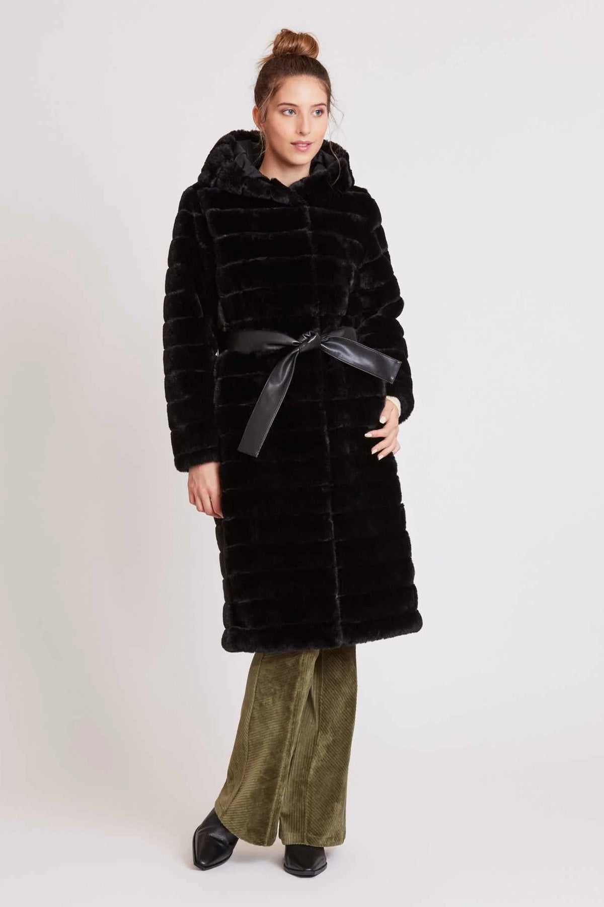 Rene Derhy Kapüşonlu Kuşaklı Kürk Kaban-Libas Trendy Fashion Store