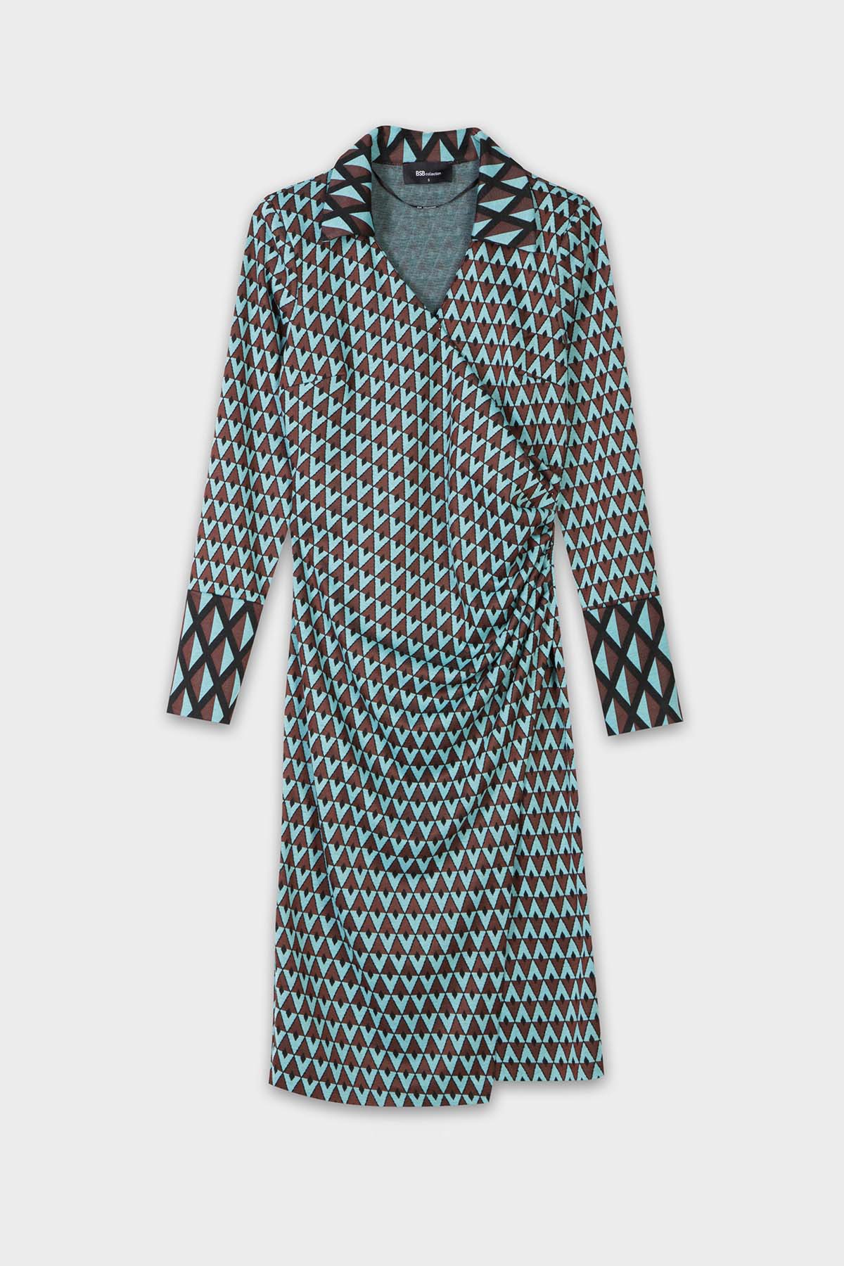 Bsb Dizüstü Desenli V Yaka Elbise-Libas Trendy Fashion Store