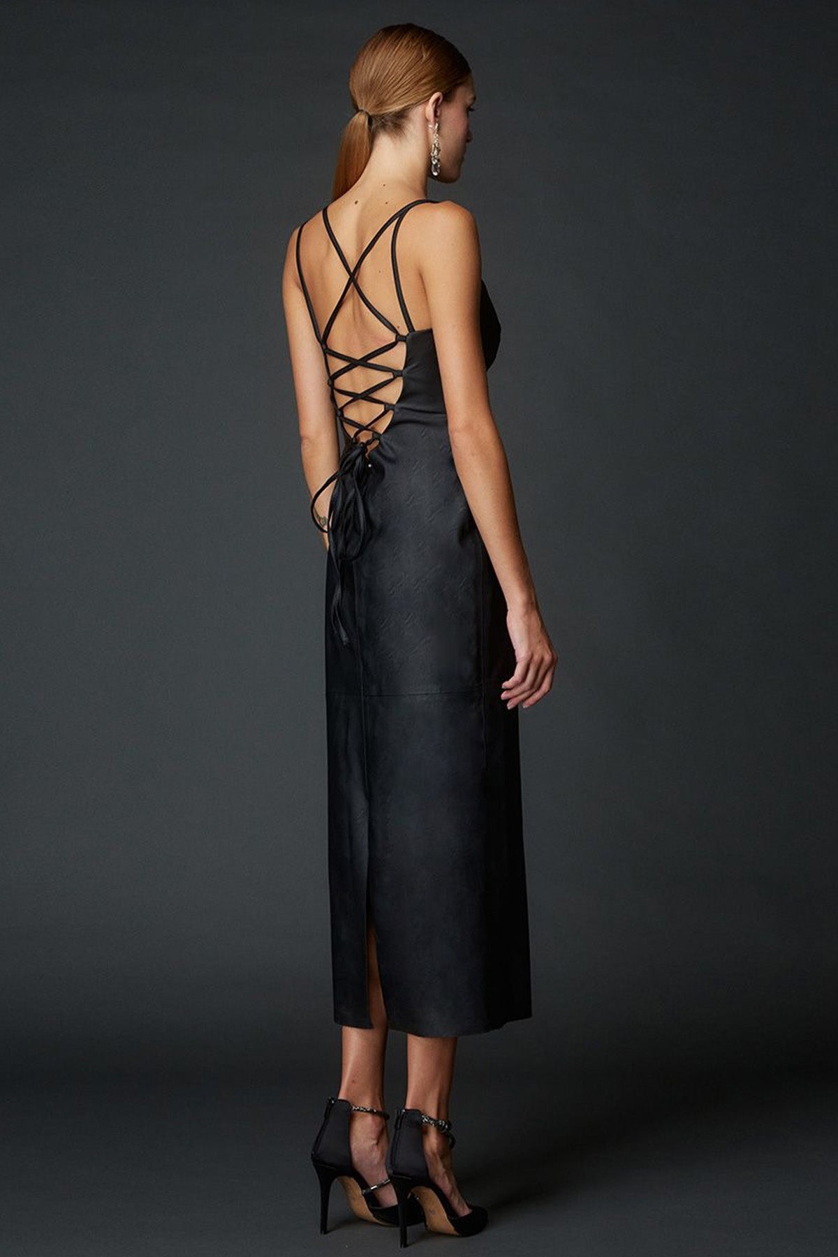 Bsb Sırt Dekolteli Midi Deri Elbise-Libas Trendy Fashion Store