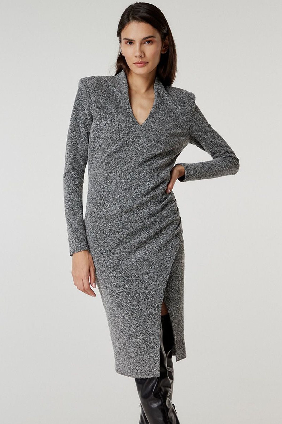 Bsb V Yaka Midi Elbise-Libas Trendy Fashion Store