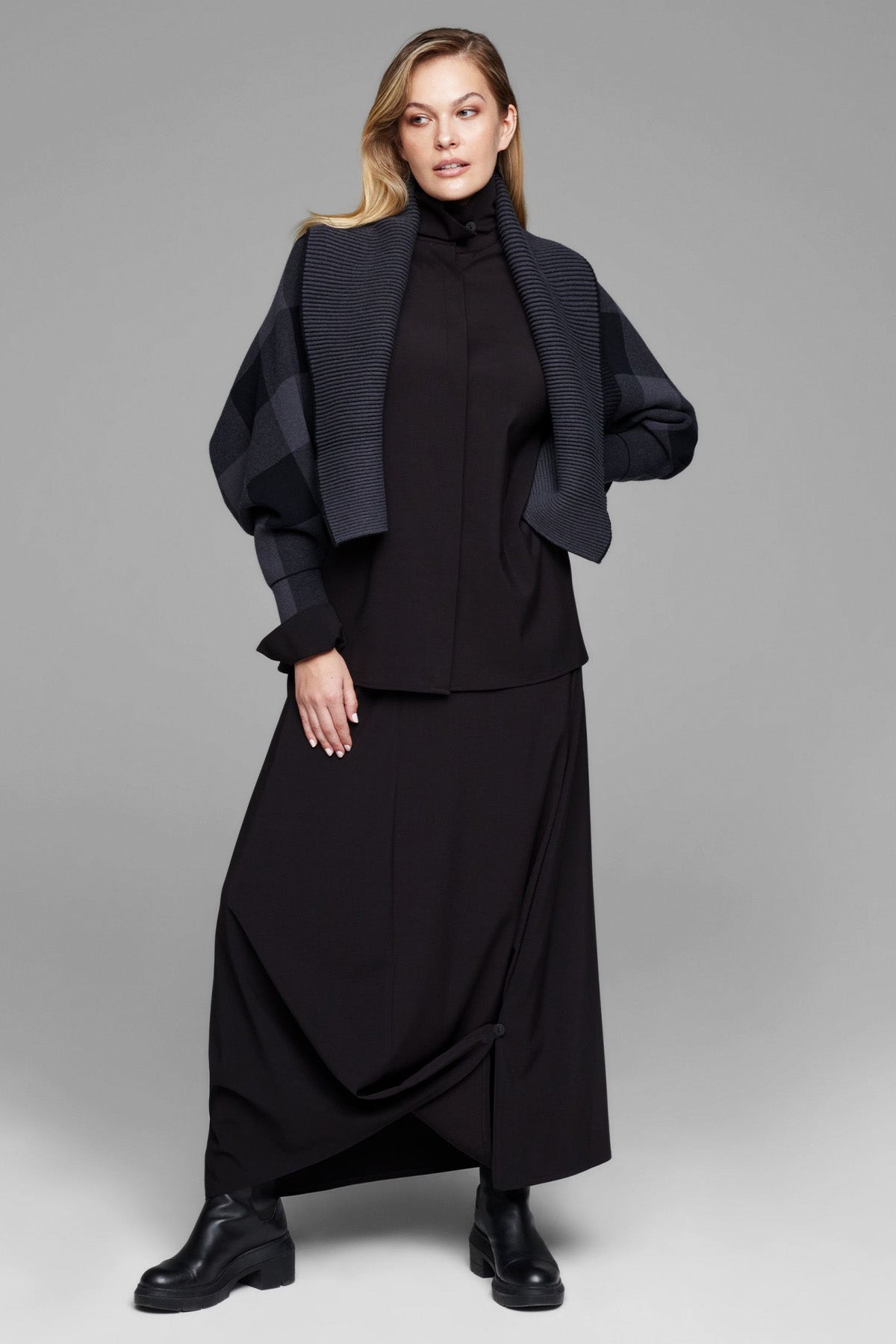 Sarah Pacini Şal Yaka Ekoseli Triko Ceket-Libas Trendy Fashion Store