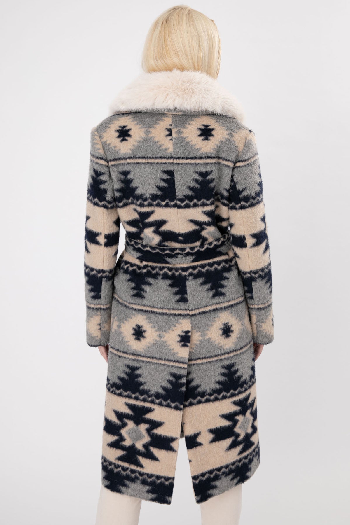 Ava Adore Etnik Desenli Kürklü Kuşaklı Manto-Libas Trendy Fashion Store