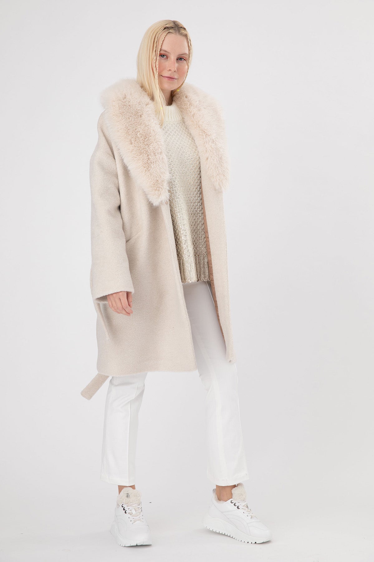 Ava Adore Kürklü Kuşaklı Manto-Libas Trendy Fashion Store