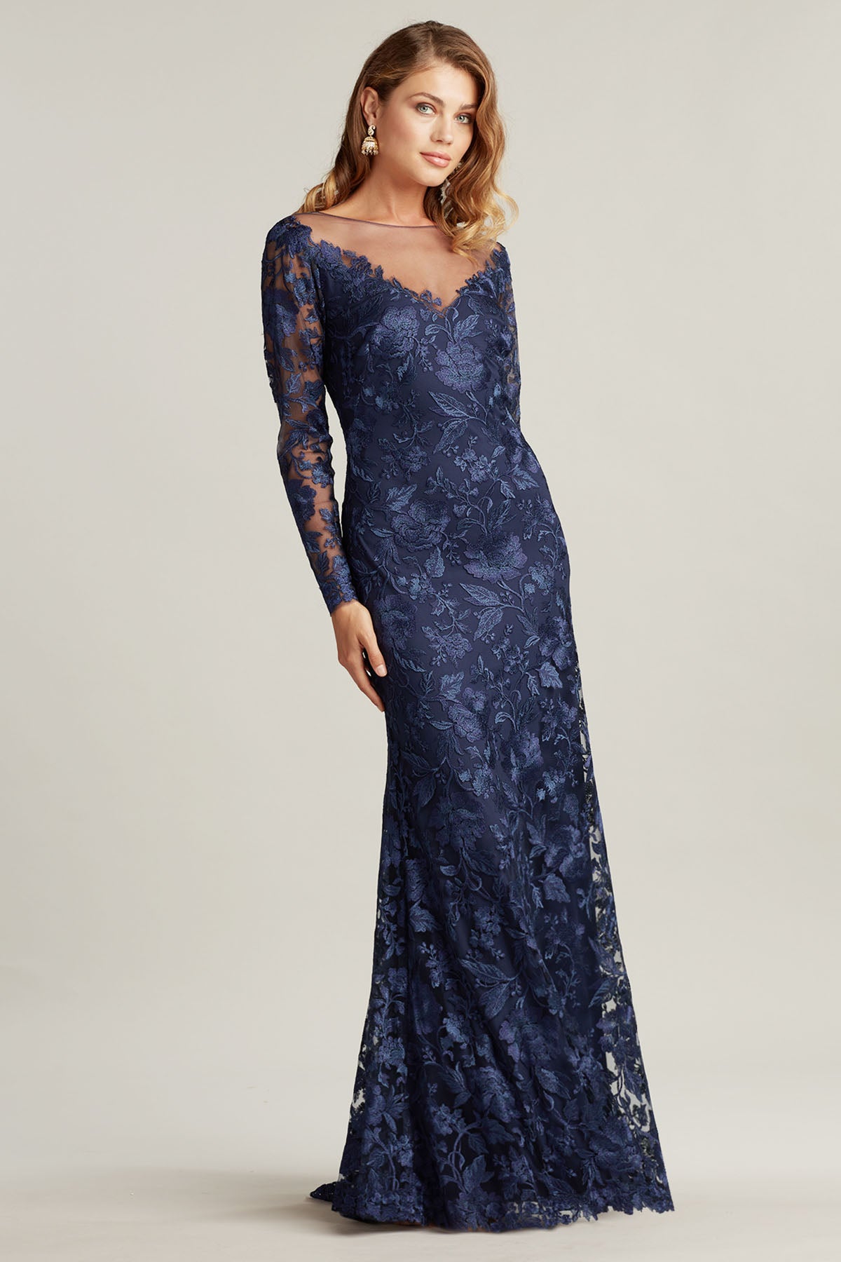 Tadashi Shoji Tül Detaylı Uzun Kollu Maxi Abiye Elbise-Libas Trendy Fashion Store