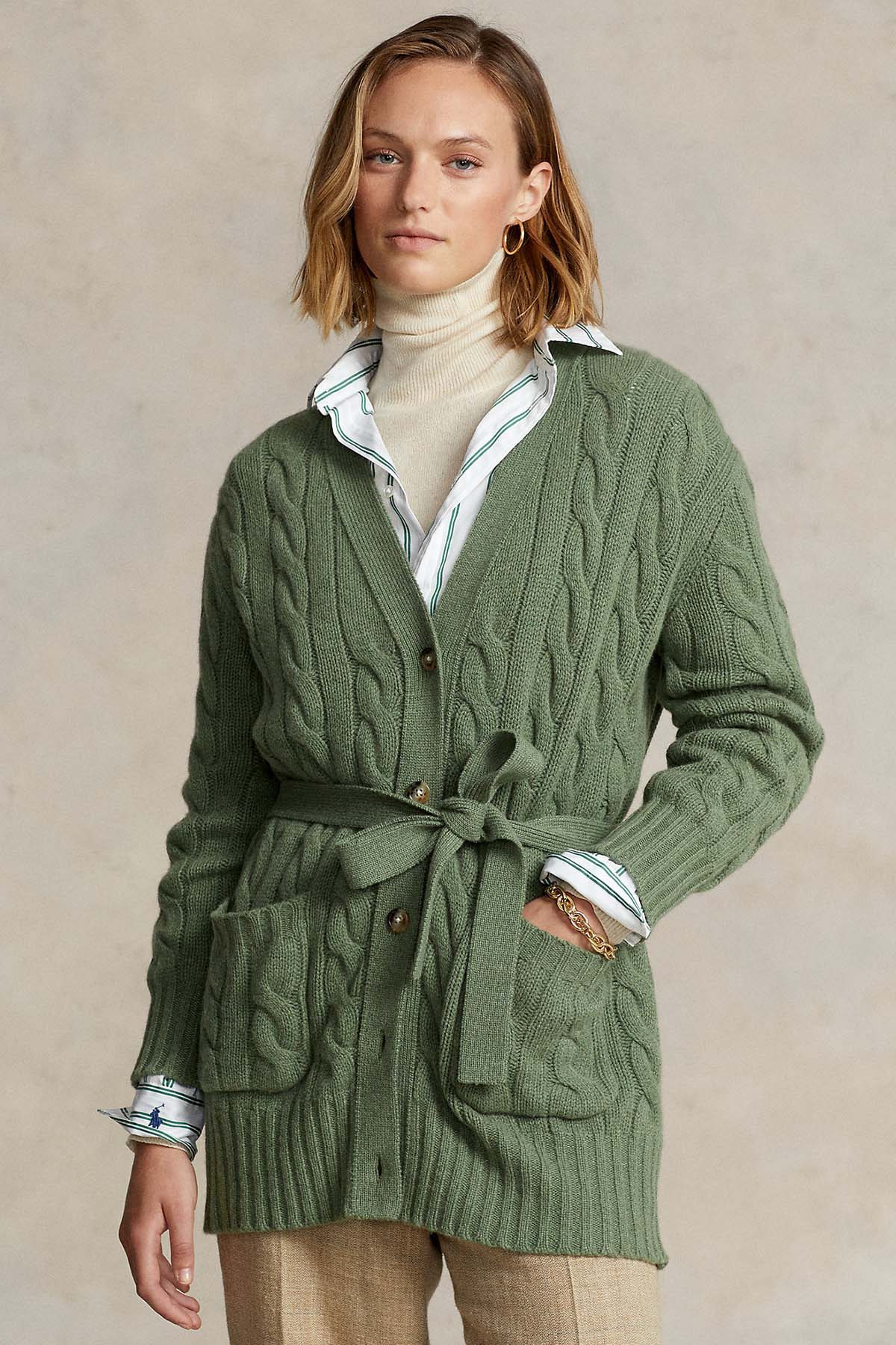 Polo Ralph Lauren Kuşaklı Saç Örgü Kaşmirli Yün Triko Ceket-Libas Trendy Fashion Store