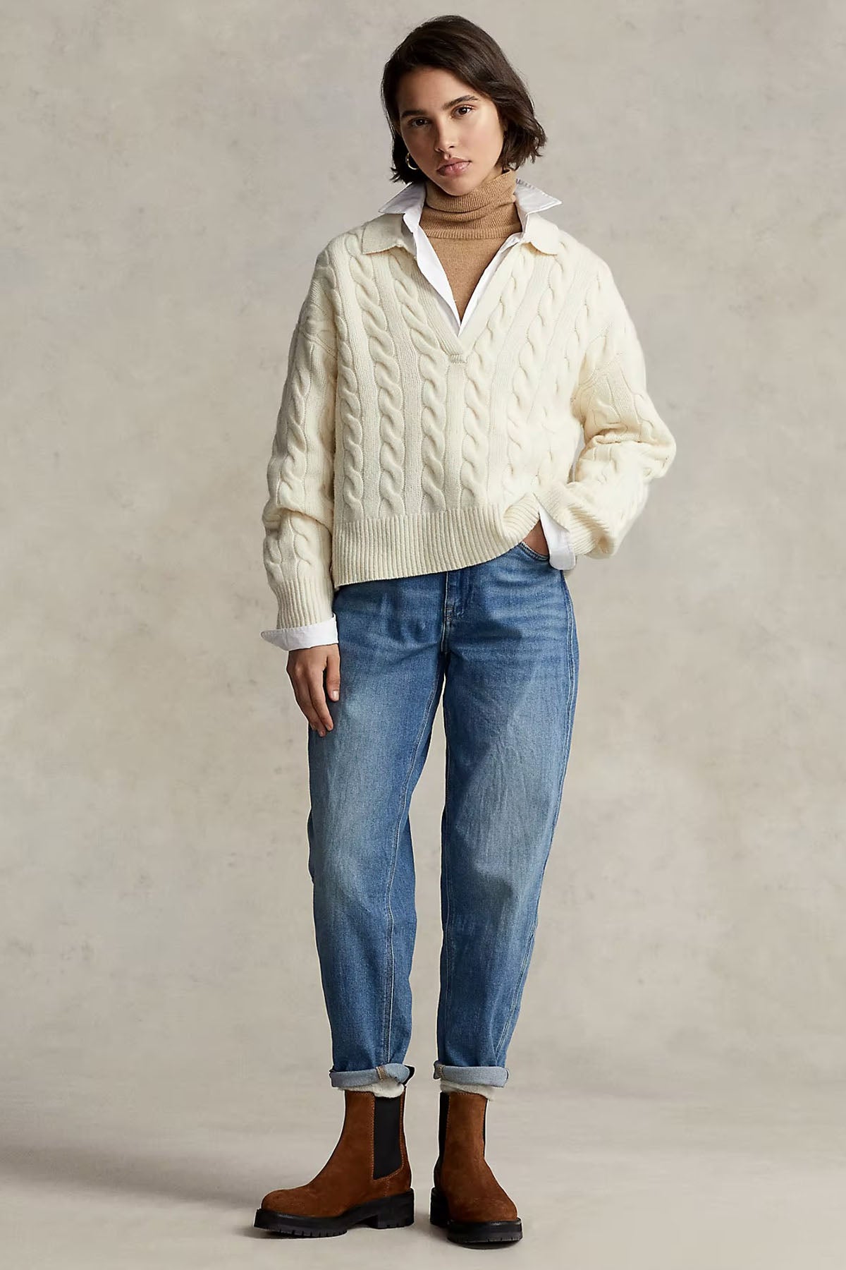 Polo Ralph Lauren Geniş Kesim V Yaka Kaşmirli Saç Örgü Triko-Libas Trendy Fashion Store