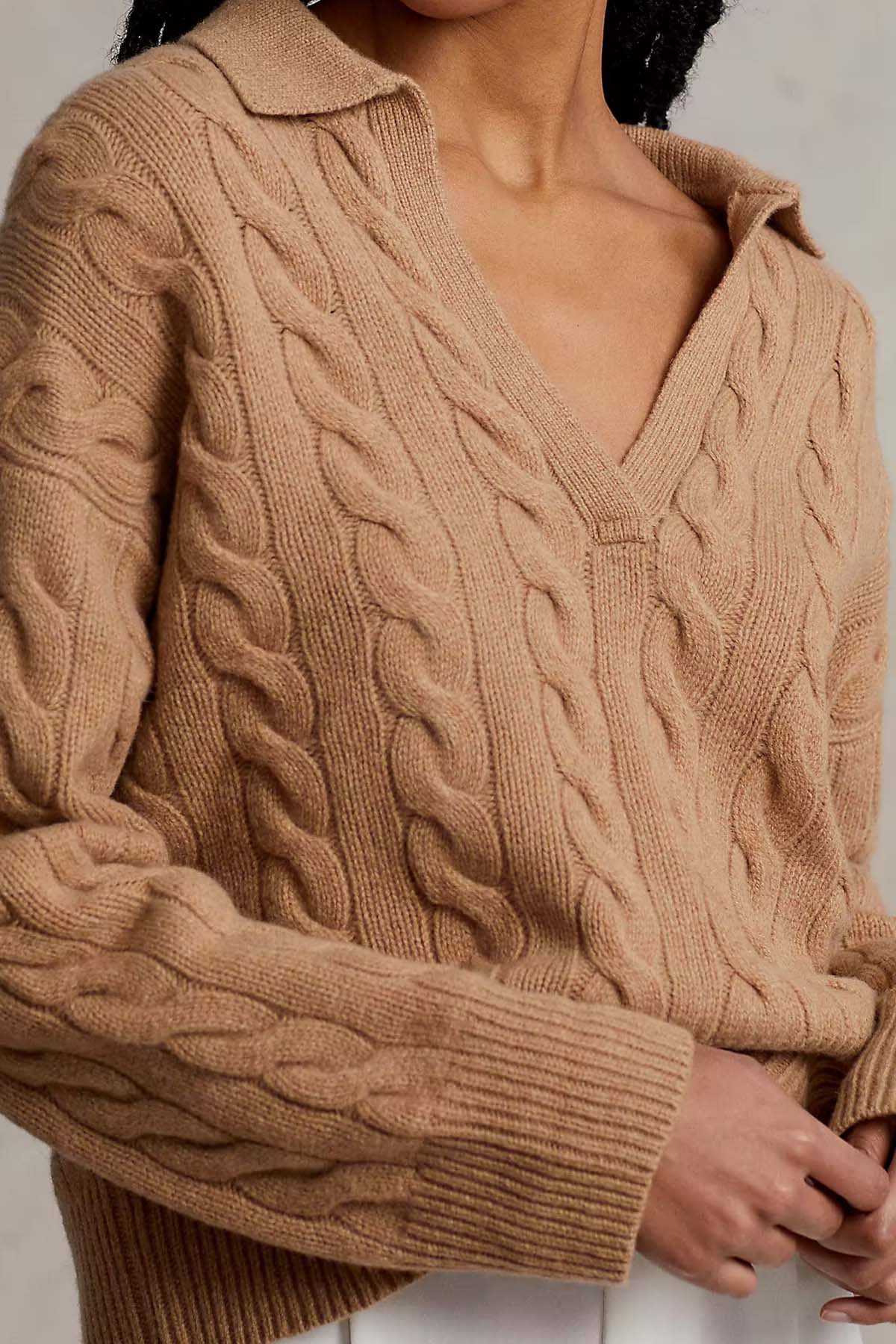 Polo Ralph Lauren Geniş Kesim V Yaka Kaşmirli Saç Örgü Triko-Libas Trendy Fashion Store