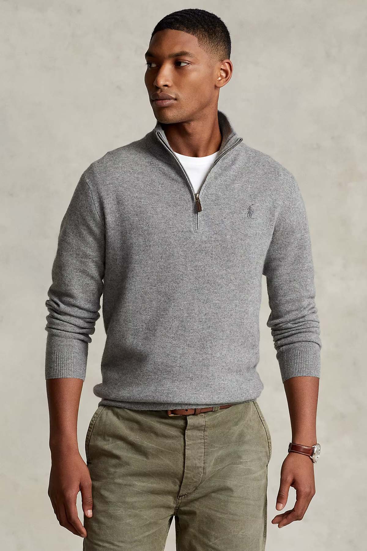 Polo Ralph Lauren Dik Yaka Yarım Fermuarlı Örgü Yün Triko-Libas Trendy Fashion Store