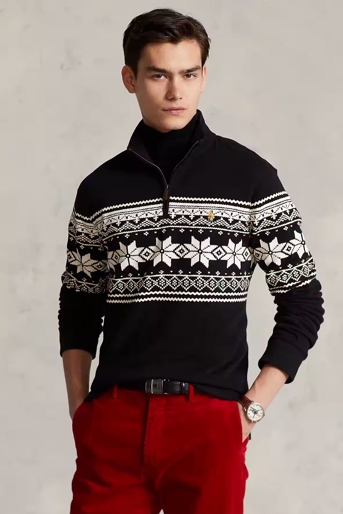 Polo Ralph Lauren Dik Yaka Yarım Fermuarlı Etnik Desenli Triko-Libas Trendy Fashion Store