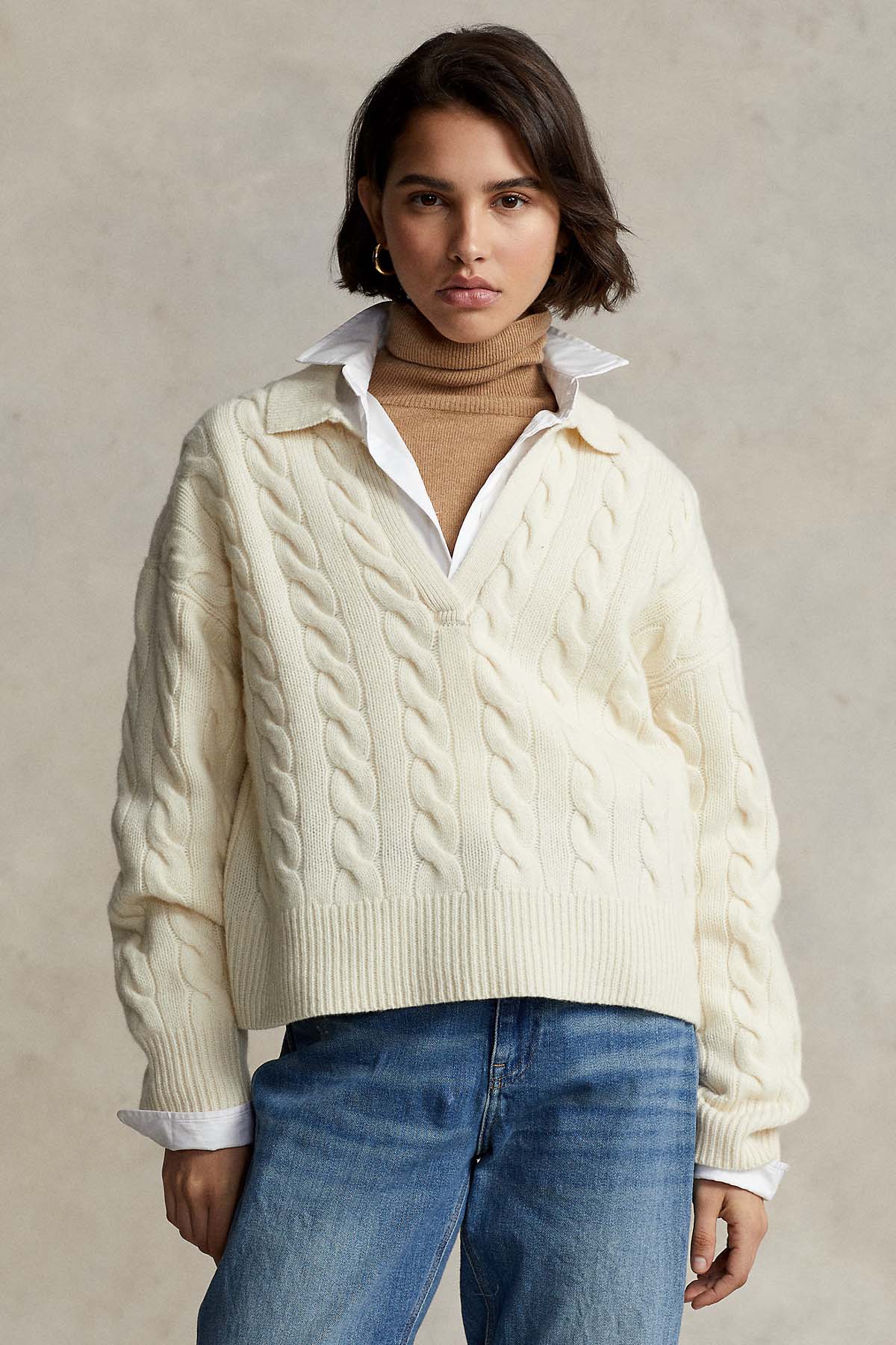 Polo Ralph Lauren Geniş Kesim V Yaka Kaşmirli Saç Örgü Triko-Libas Trendy Fashion Store