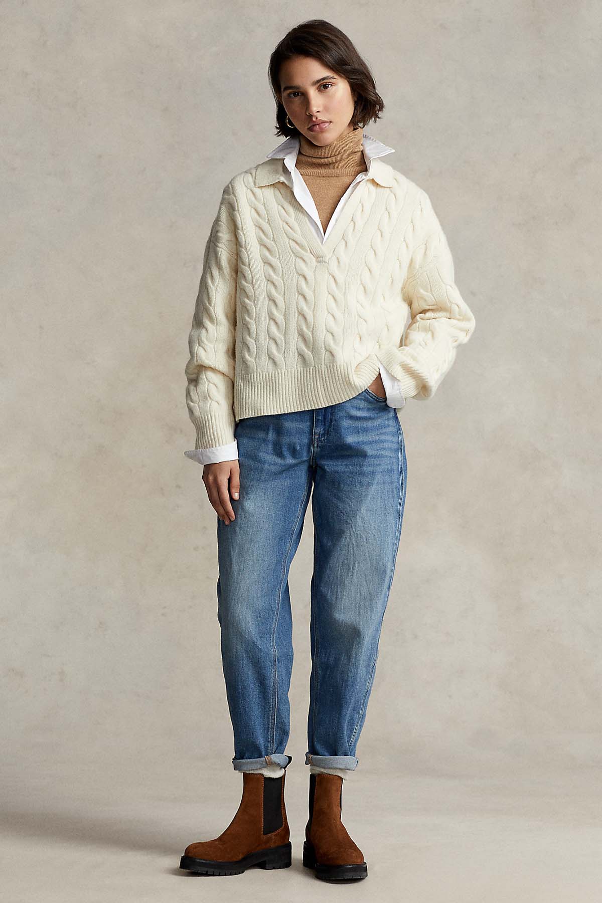 Polo Ralph Lauren Geniş Kesim V Yaka Kaşmirli Saç Örgü Triko-Libas Trendy Fashion Store