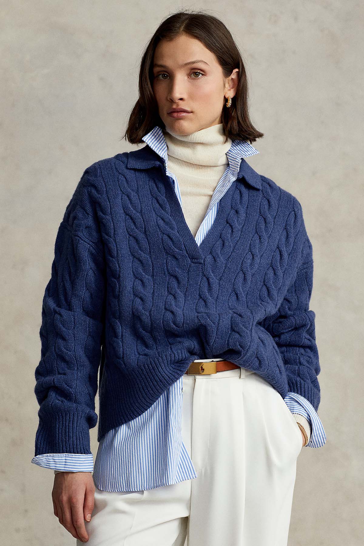 Polo Ralph Lauren Geniş Kesim V Yaka Kaşmirli Saç Örgü Triko-Libas Trendy Fashion Store