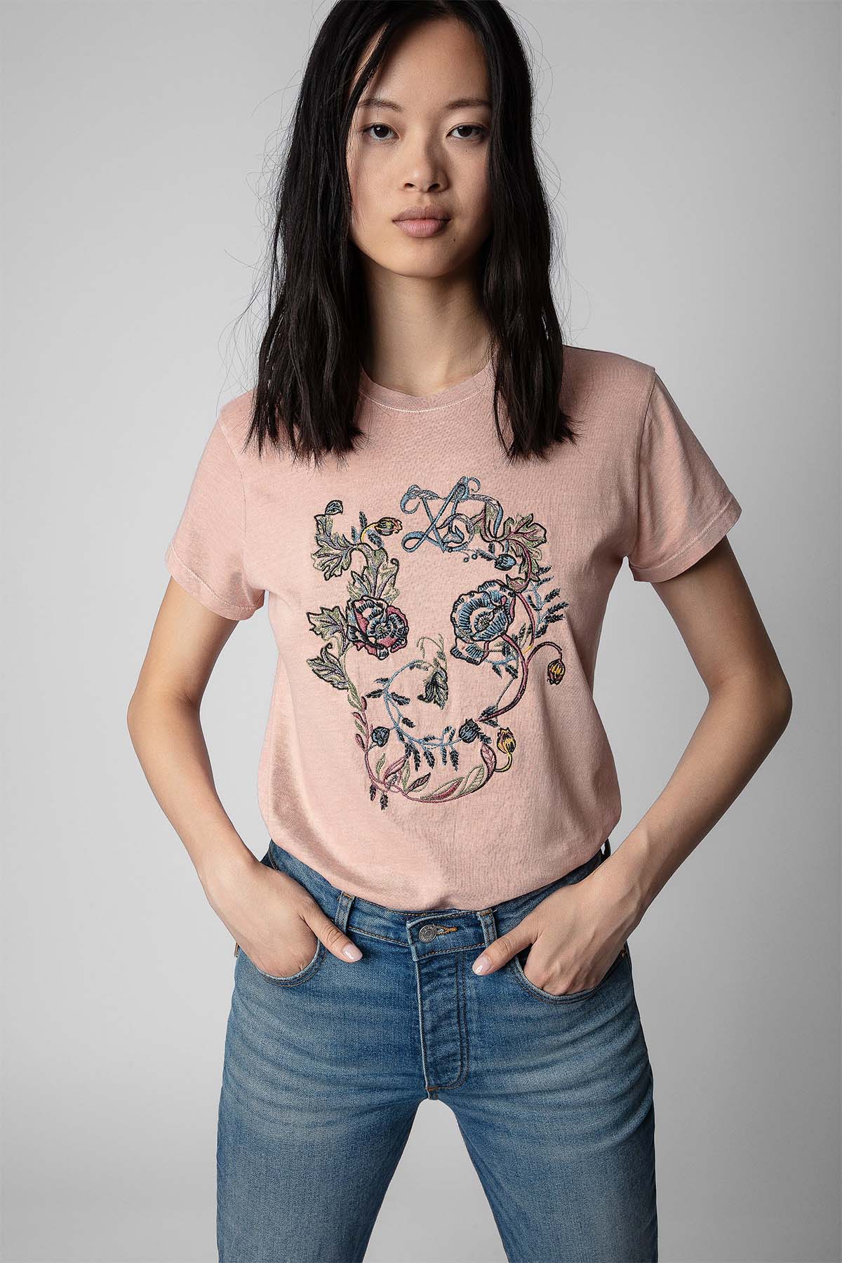 Zadig & Voltaire Nakış Çiçekli Kuru Kafa Desenli T-shirt-Libas Trendy Fashion Store