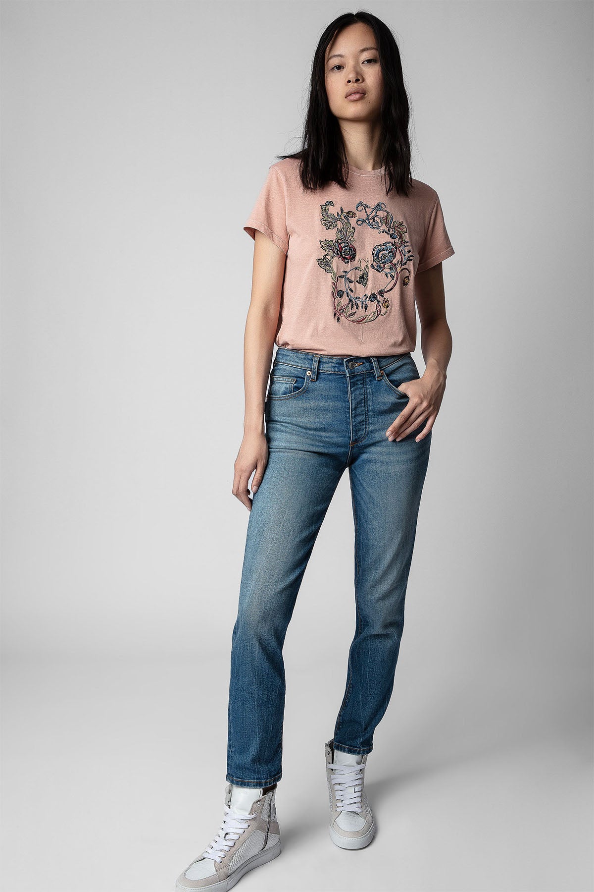 Zadig & Voltaire Nakış Çiçekli Kuru Kafa Desenli T-shirt-Libas Trendy Fashion Store