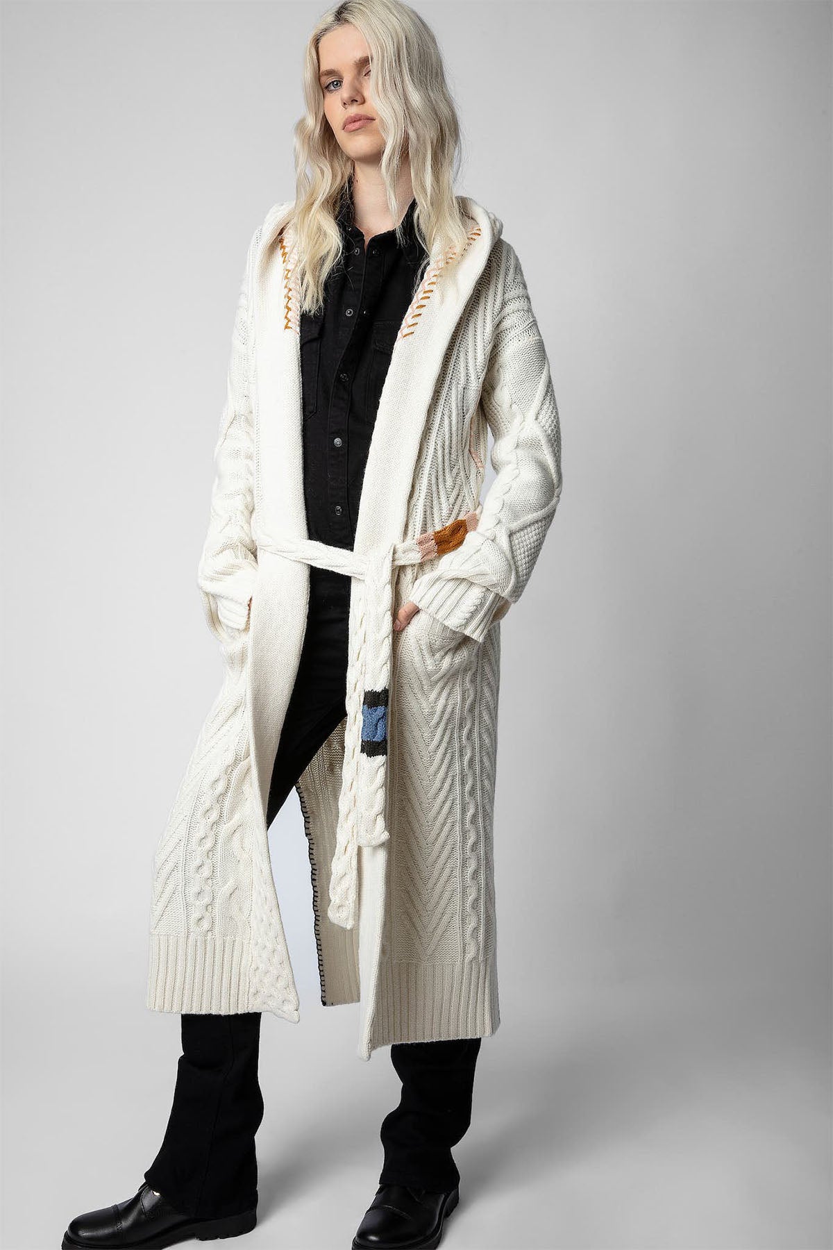 Zadig & Voltaire Kapüşonlu Kuşaklı Yün Örgü Uzun Triko Ceket-Libas Trendy Fashion Store