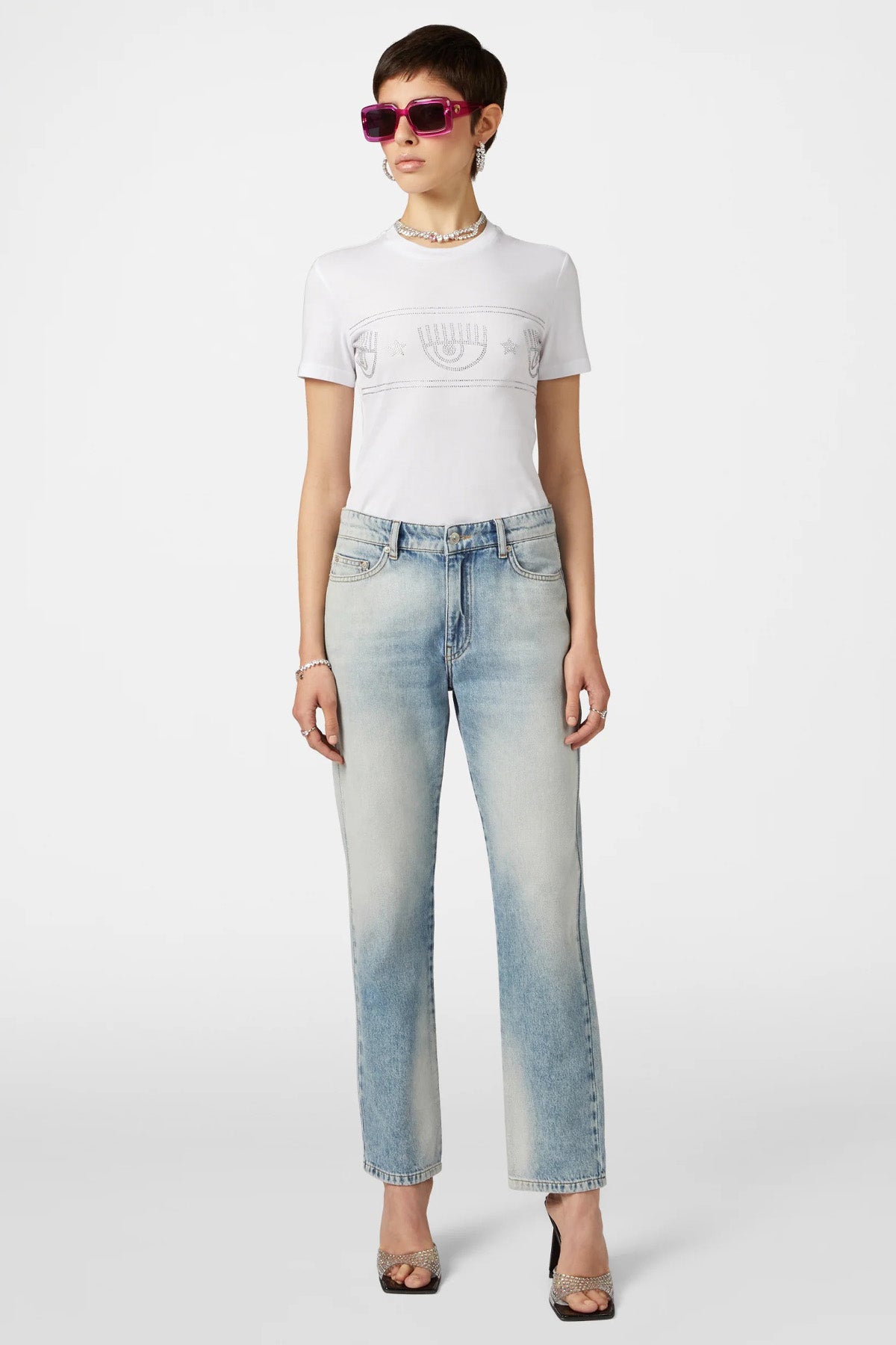 Chiara Ferragni Taş Aksesuarlı Yuvarlak Yaka Logolu T-shirt-Libas Trendy Fashion Store