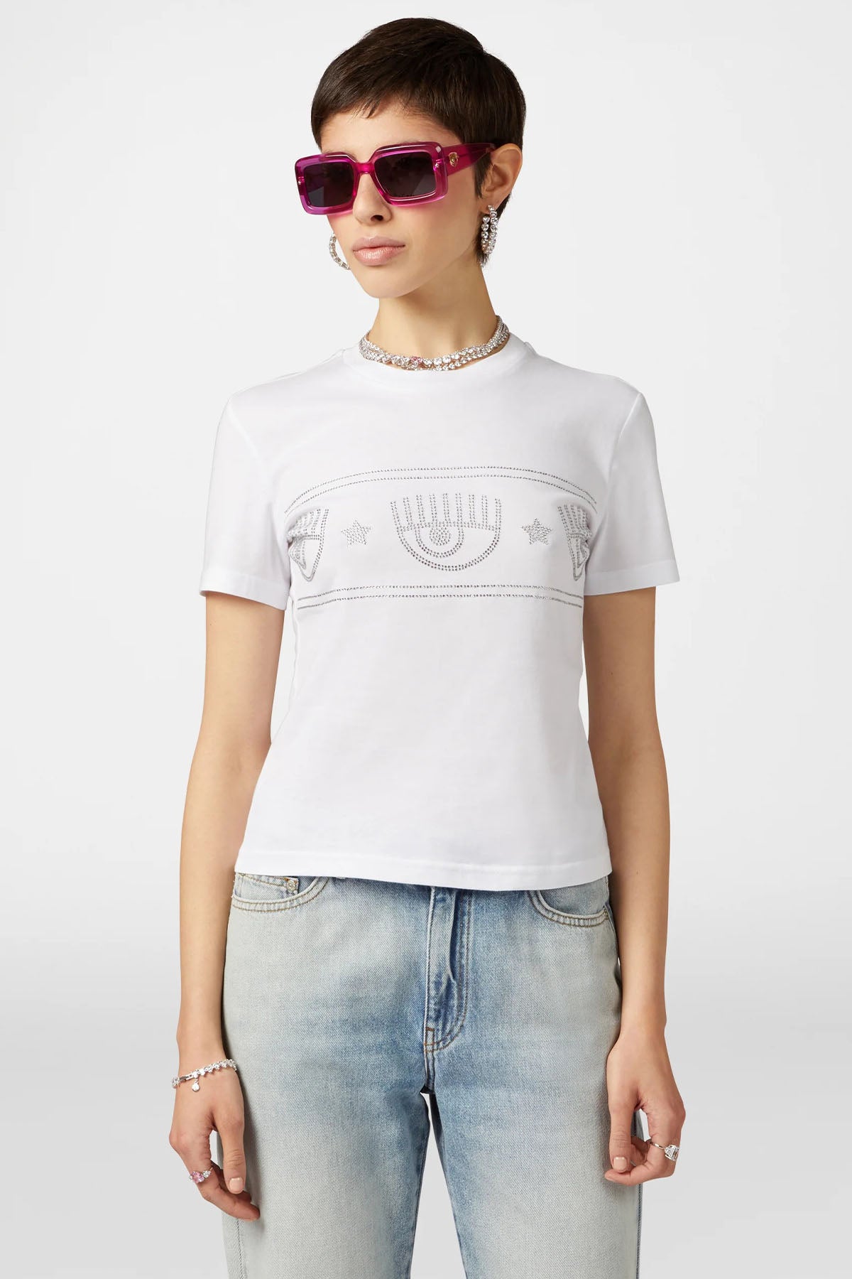 Chiara Ferragni Taş Aksesuarlı Yuvarlak Yaka Logolu T-shirt-Libas Trendy Fashion Store