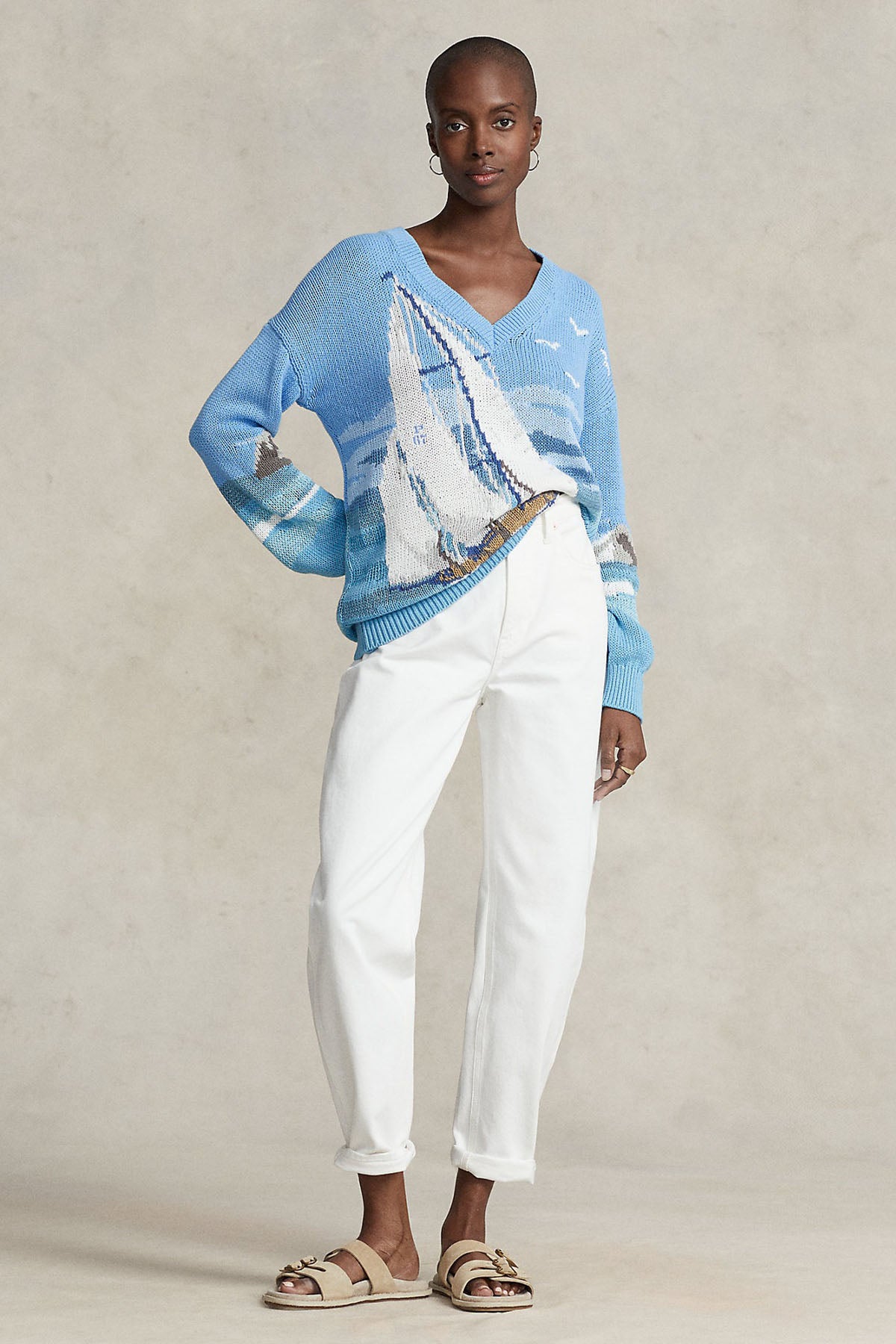 Polo Ralph Lauren Ketenli Geniş Kesim Yelken Temalı V Yaka Triko-Libas Trendy Fashion Store