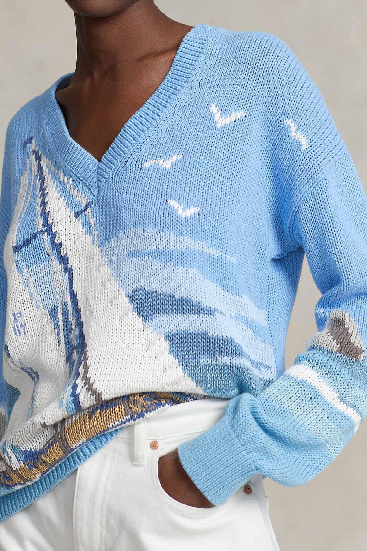 Polo Ralph Lauren Ketenli Geniş Kesim Yelken Temalı V Yaka Triko-Libas Trendy Fashion Store