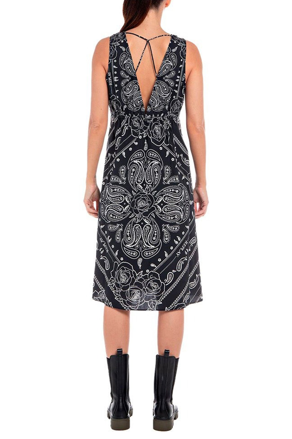 Replay V Yaka Belden Büzgülü Midi Elbise-Libas Trendy Fashion Store