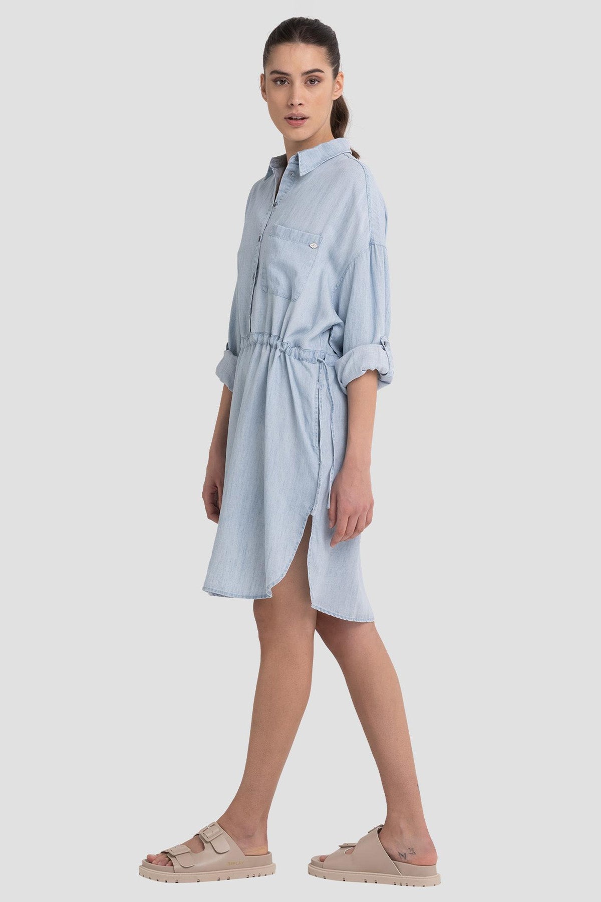 Replay Geniş Kesim Belden Büzgülü Denim Gömlek Elbise-Libas Trendy Fashion Store