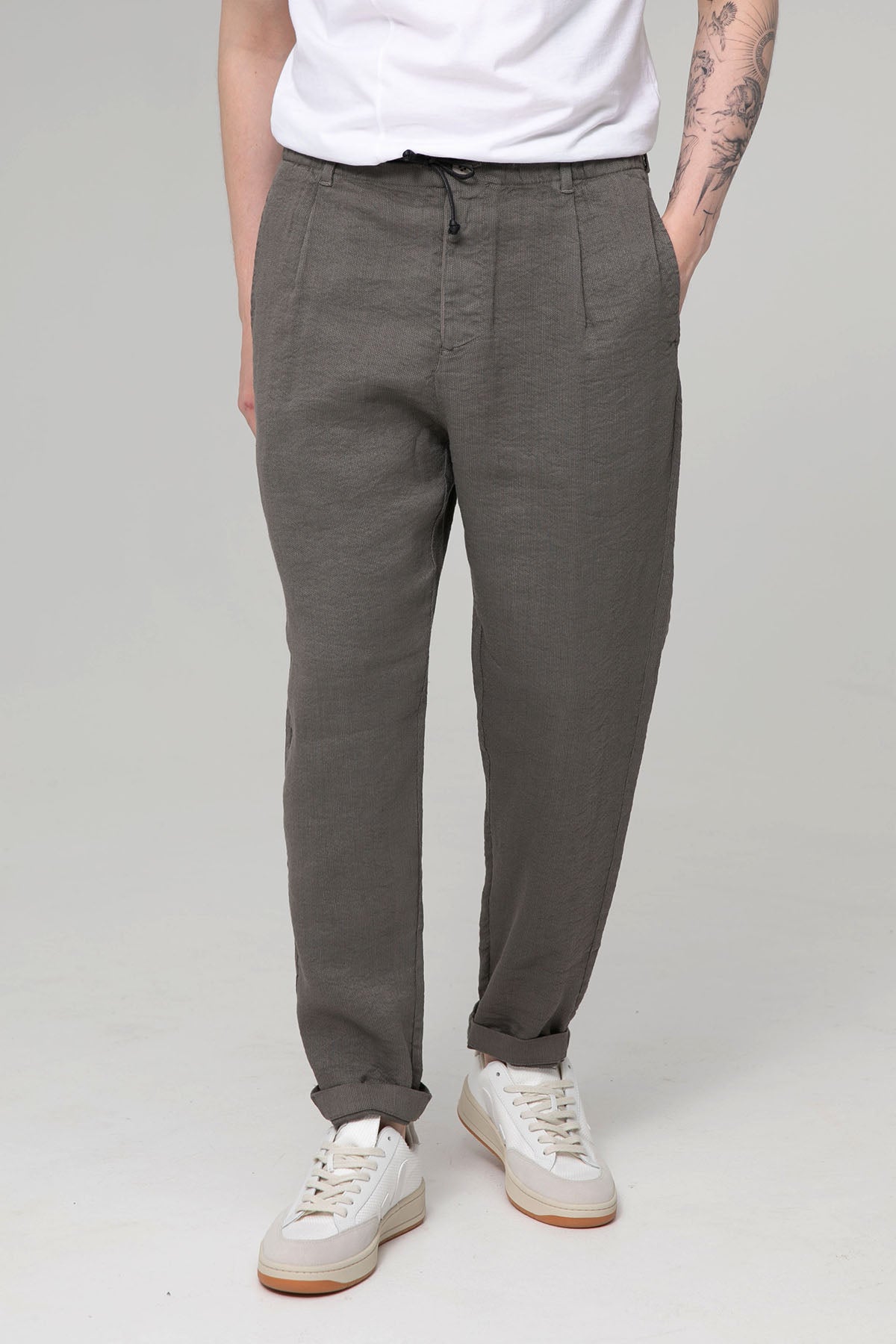 Transit Tek Pile Beli Lastikli Streç Keten Pantolon