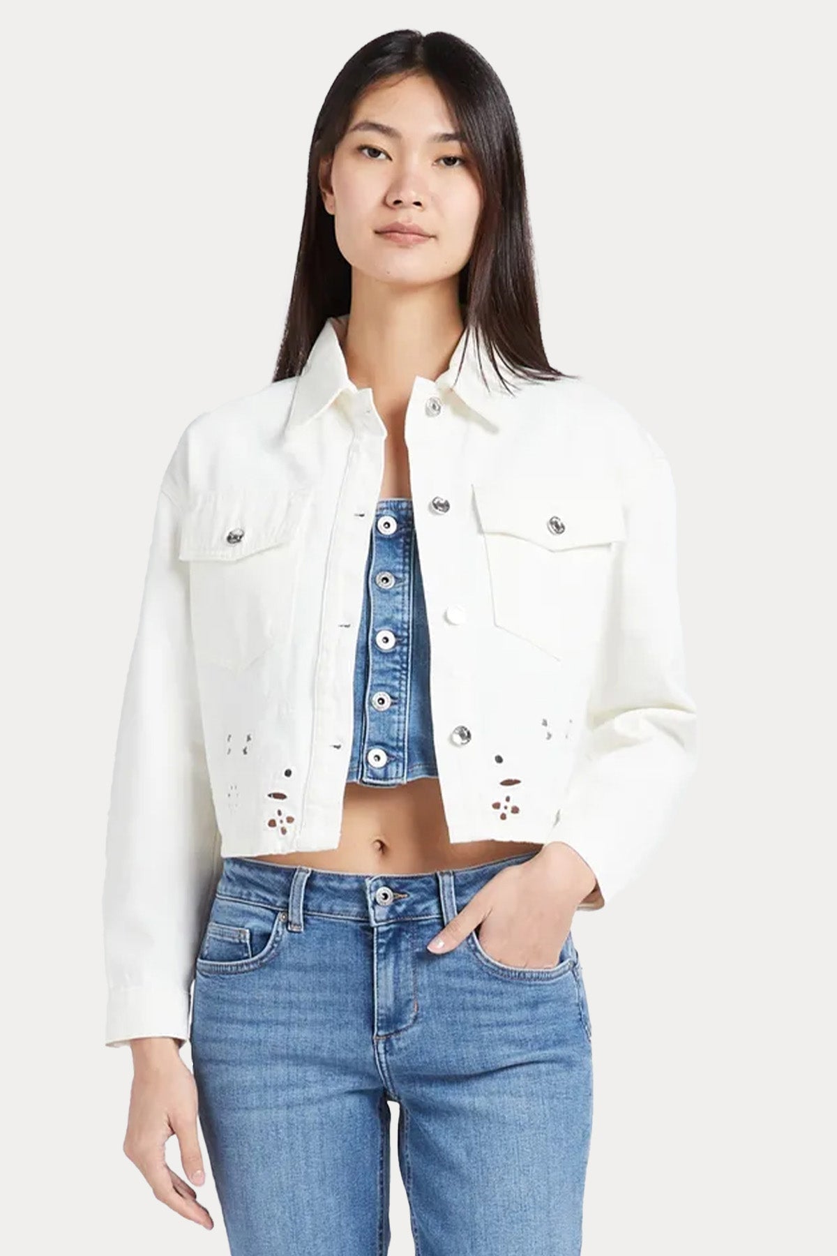 Liu Jo Lazer Kesim Nakış Detaylı Crop Denim Ceket-Ceket-Libas